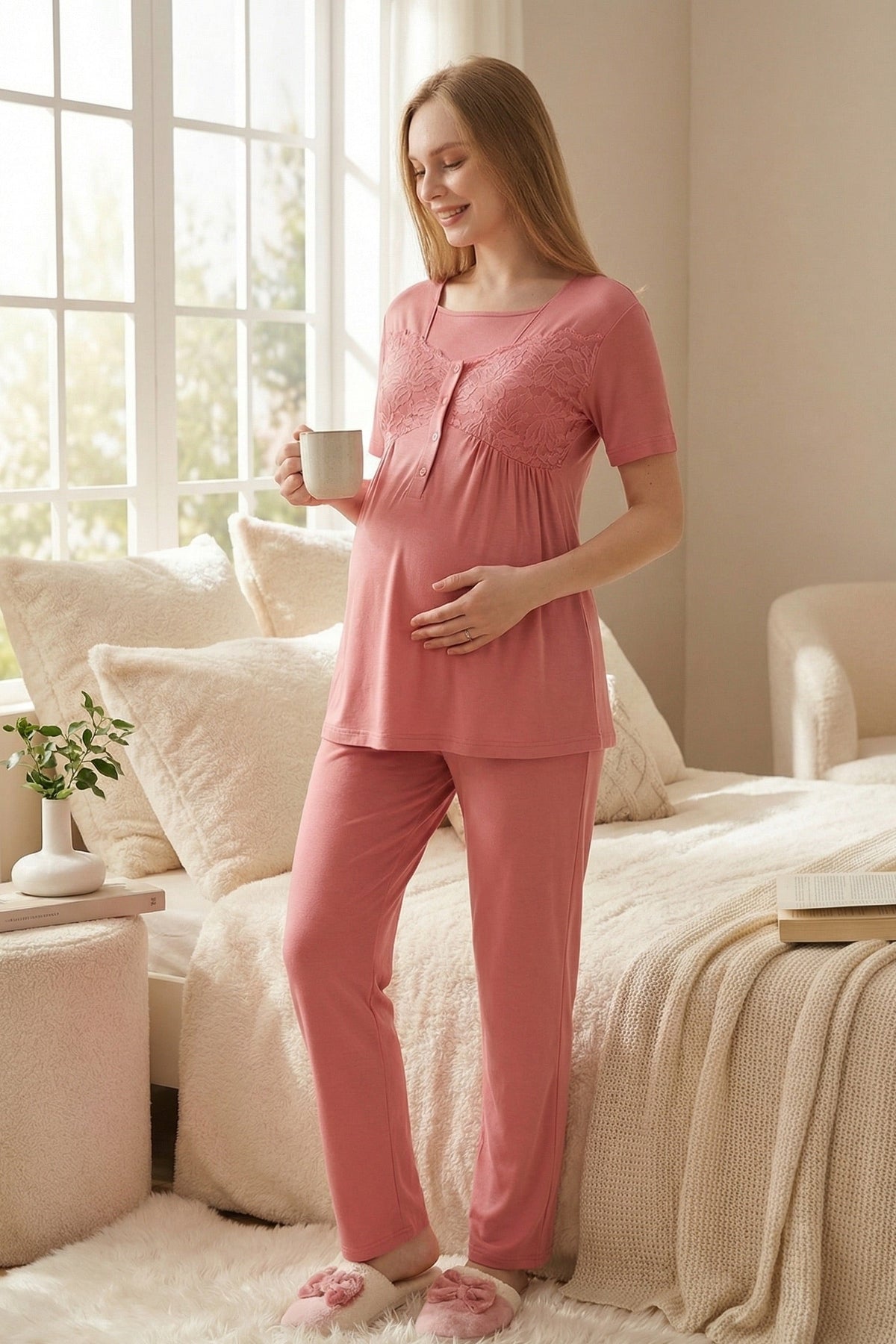 Leaf Lacy Collar 3-Piece Maternity Feeding-Friendly Pajama & Leaf Lacy Sleeve Robe Set Pomegranate Red - Z3431