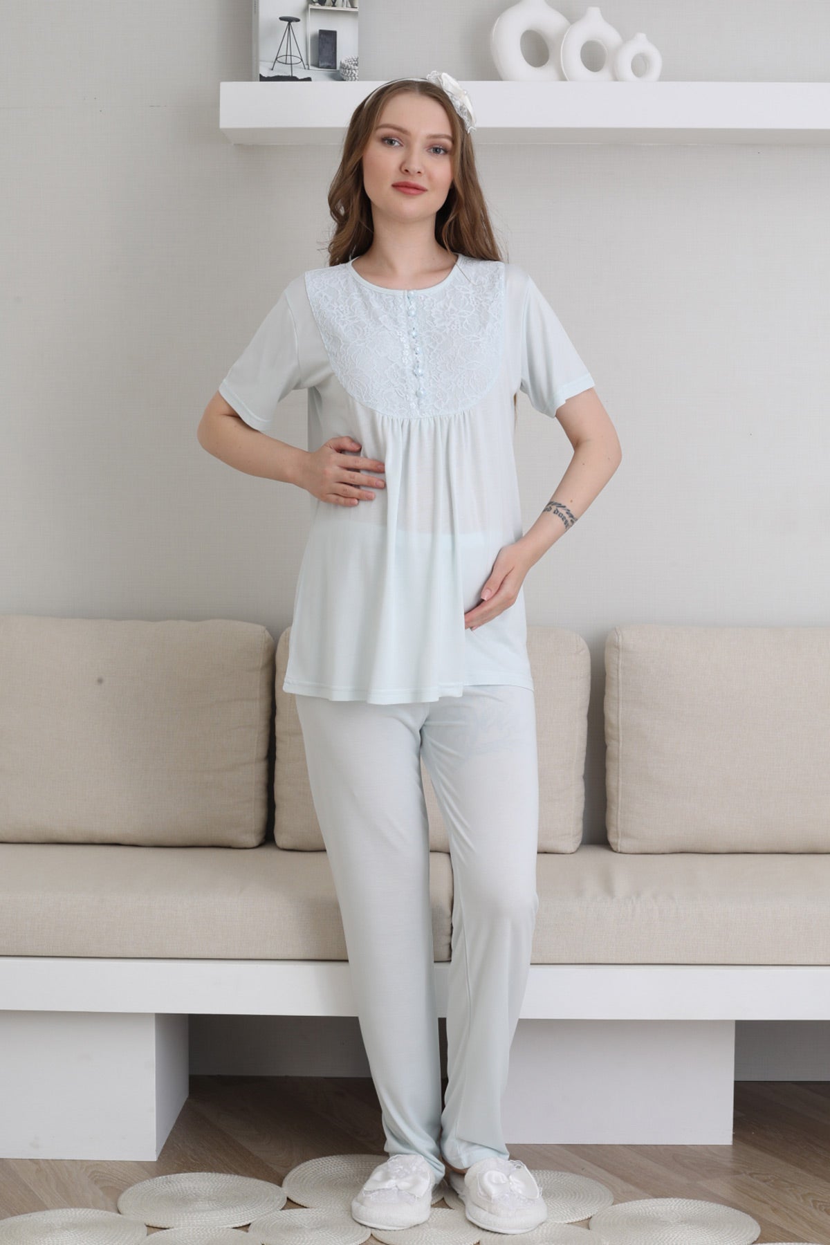 Guipure Collar 3-Piece Maternity Feeding-Friendly Pajama & Patterned Robe Set Blue - Z3441