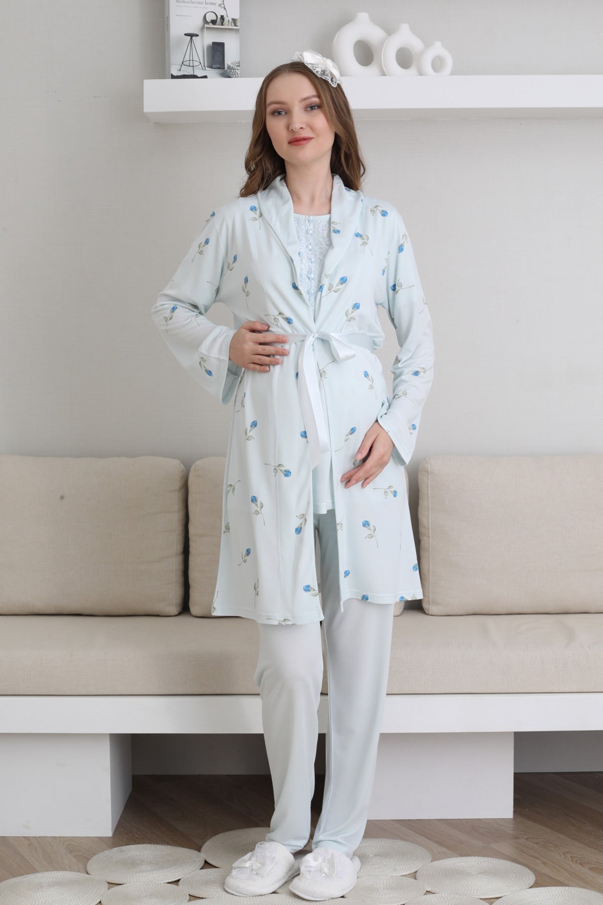Guipure Collar 3-Piece Maternity Feeding-Friendly Pajama & Patterned Robe Set Blue - Z3441