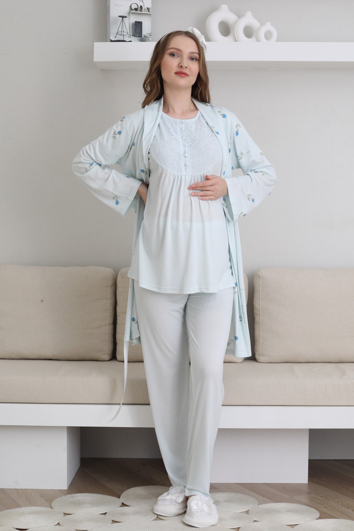 Guipure Collar 3-Piece Maternity Feeding-Friendly Pajama & Patterned Robe Set Blue - Z3441