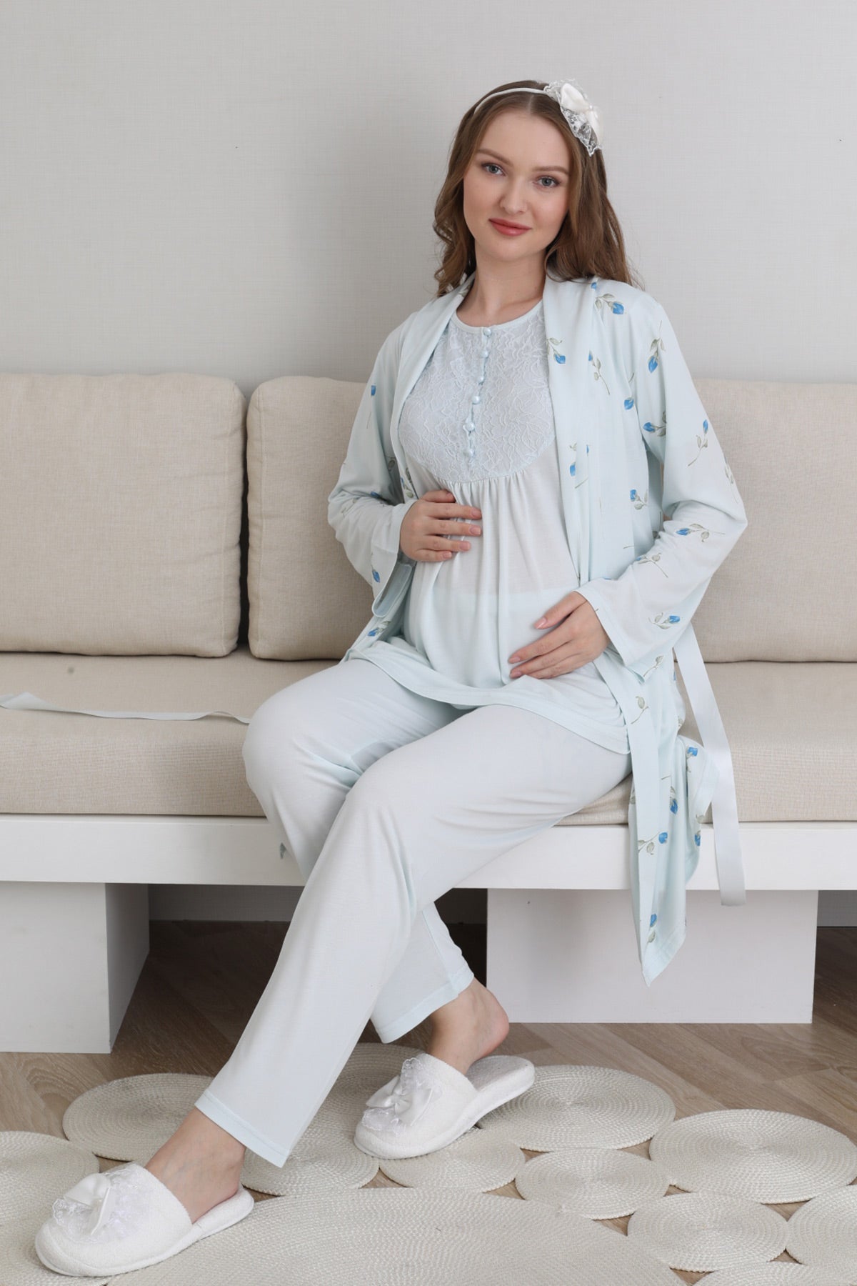 Guipure Collar 3-Piece Maternity Feeding-Friendly Pajama & Patterned Robe Set Blue - Z3441