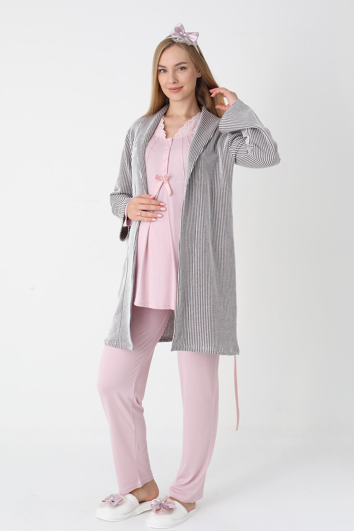 Lace Collar 3-Piece Maternity Feeding-Friendly Pajama & Striped Robe Set Powder - Z3442