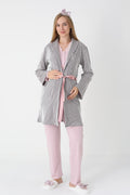 Lace Collar 3-Piece Maternity Feeding-Friendly Pajama & Striped Robe Set Powder - Z3442