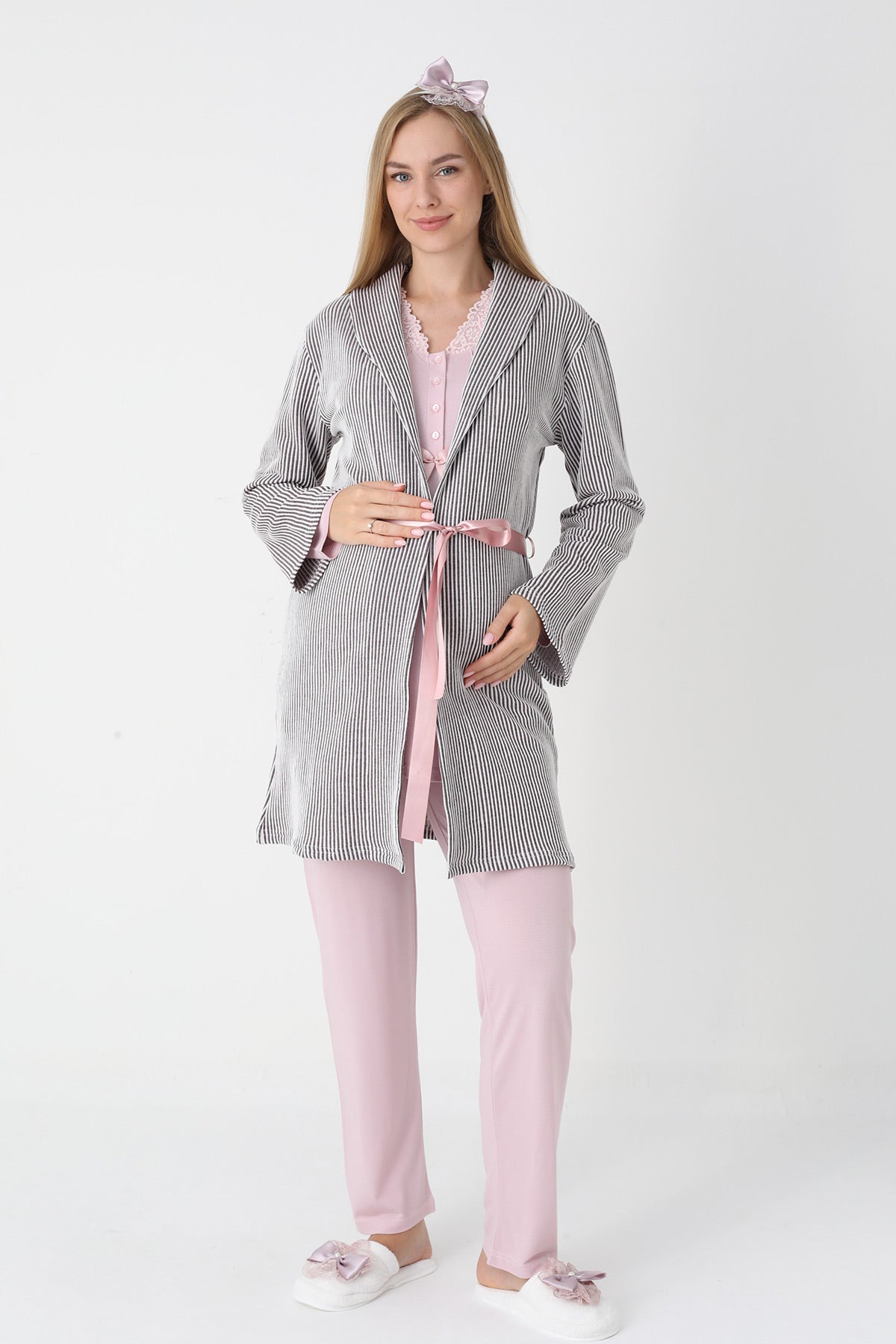 Lace Collar 3-Piece Maternity Feeding-Friendly Pajama & Striped Robe Set Powder - Z3442