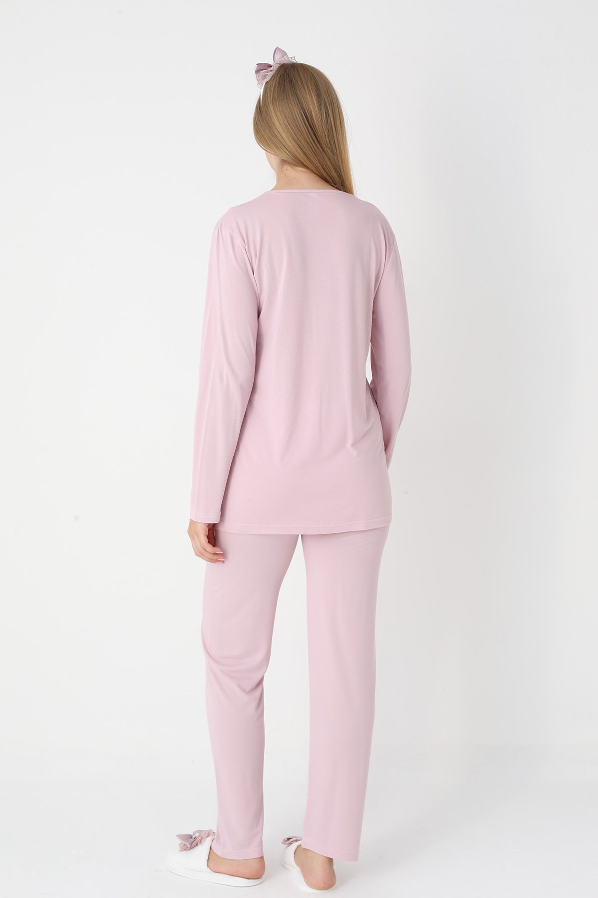 Lace Collar 3-Piece Maternity Feeding-Friendly Pajama & Striped Robe Set Powder - Z3442