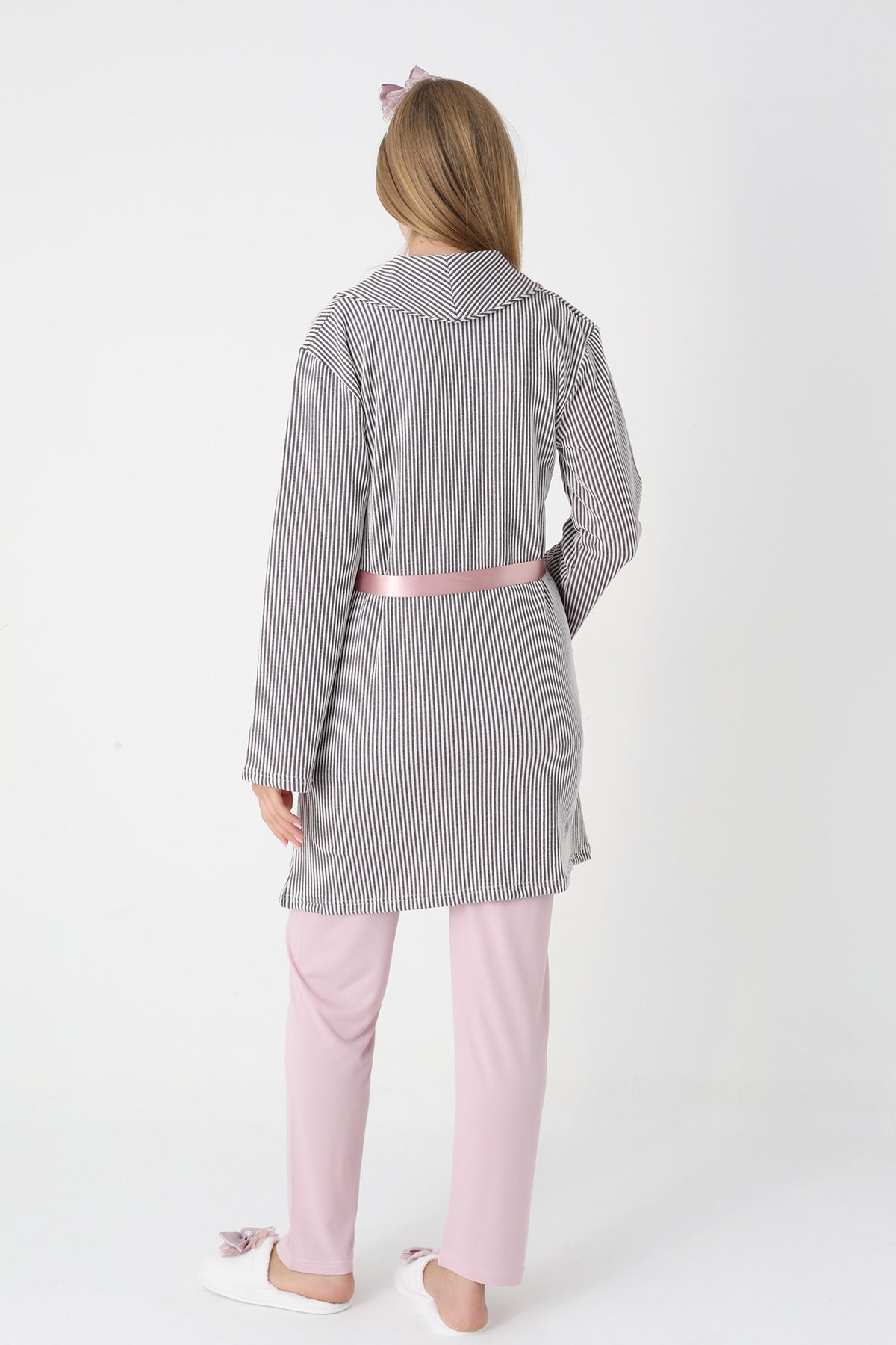 Lace Collar 3-Piece Maternity Feeding-Friendly Pajama & Striped Robe Set Powder - Z3442