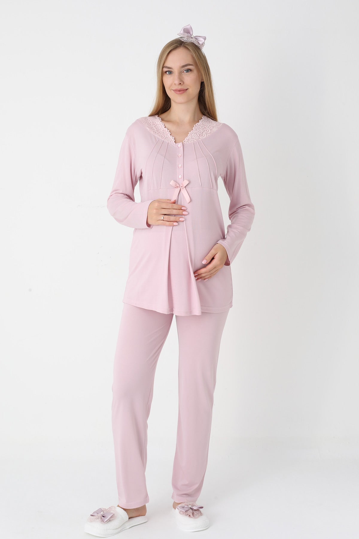 Lace Collar 3-Piece Maternity Feeding-Friendly Pajama & Striped Robe Set Powder - Z3442