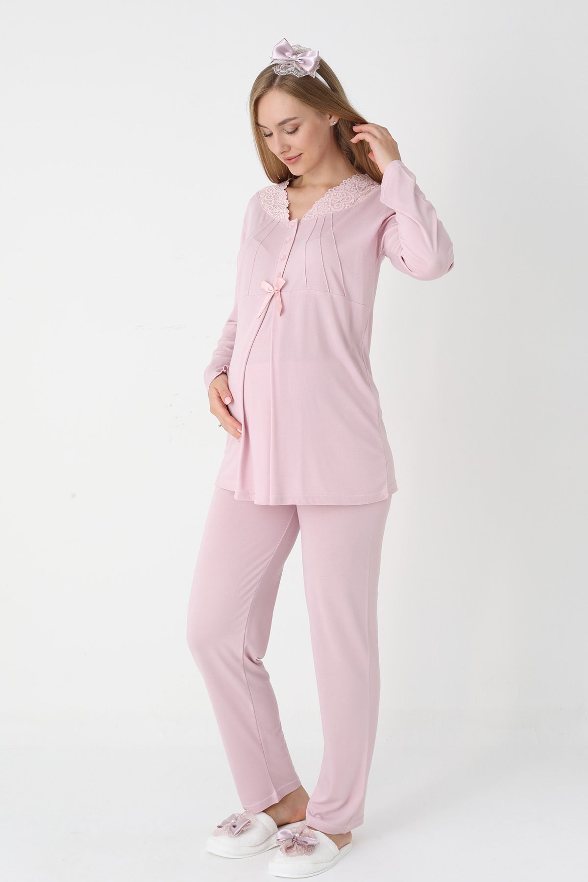 Lace Collar 3-Piece Maternity Feeding-Friendly Pajama & Striped Robe Set Powder - Z3442