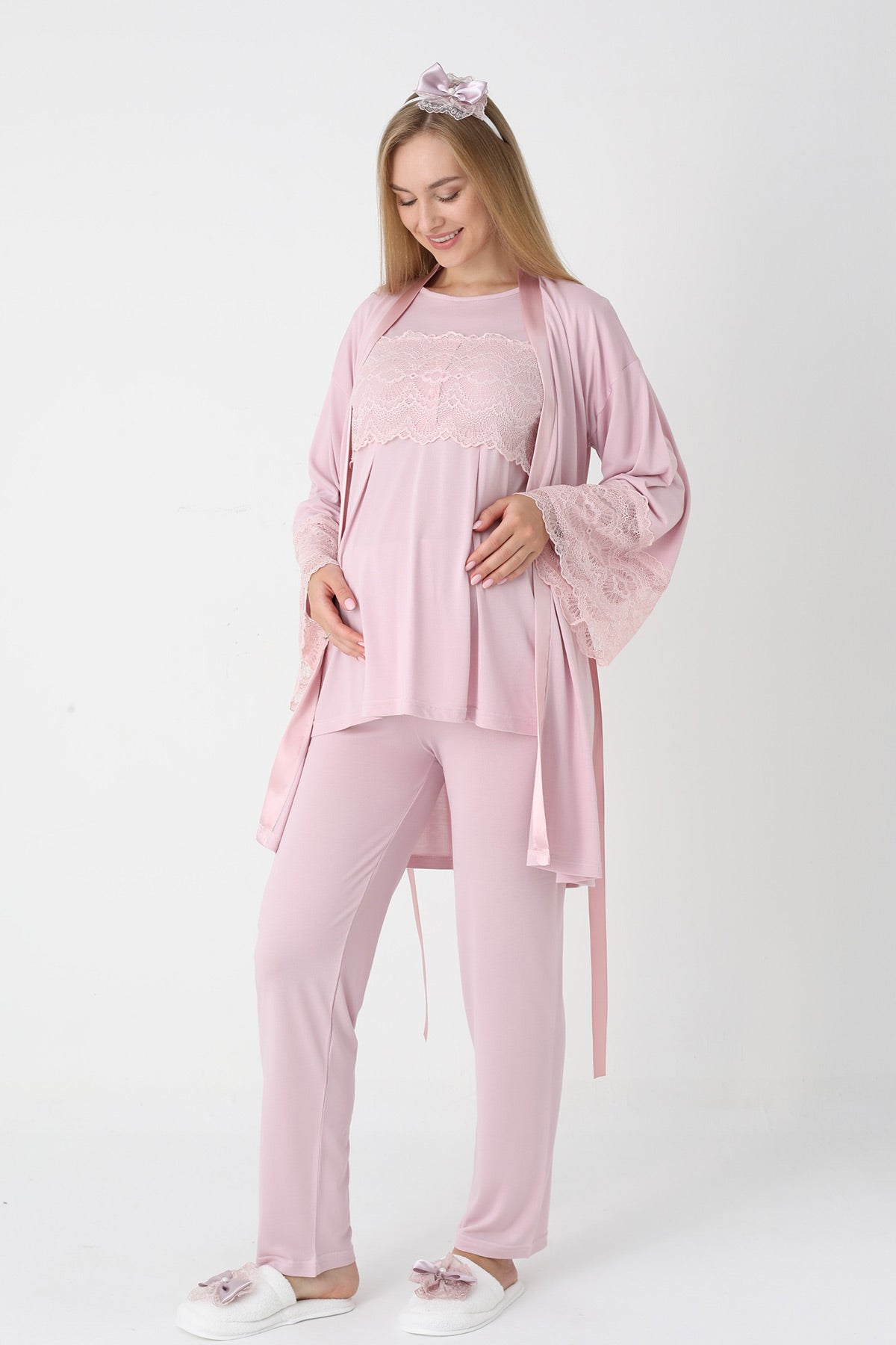 Lace Detailed 3-Piece Maternity Feeding-Friendly Pajama & Flywheel Arm Robe Set Powder - Z3444