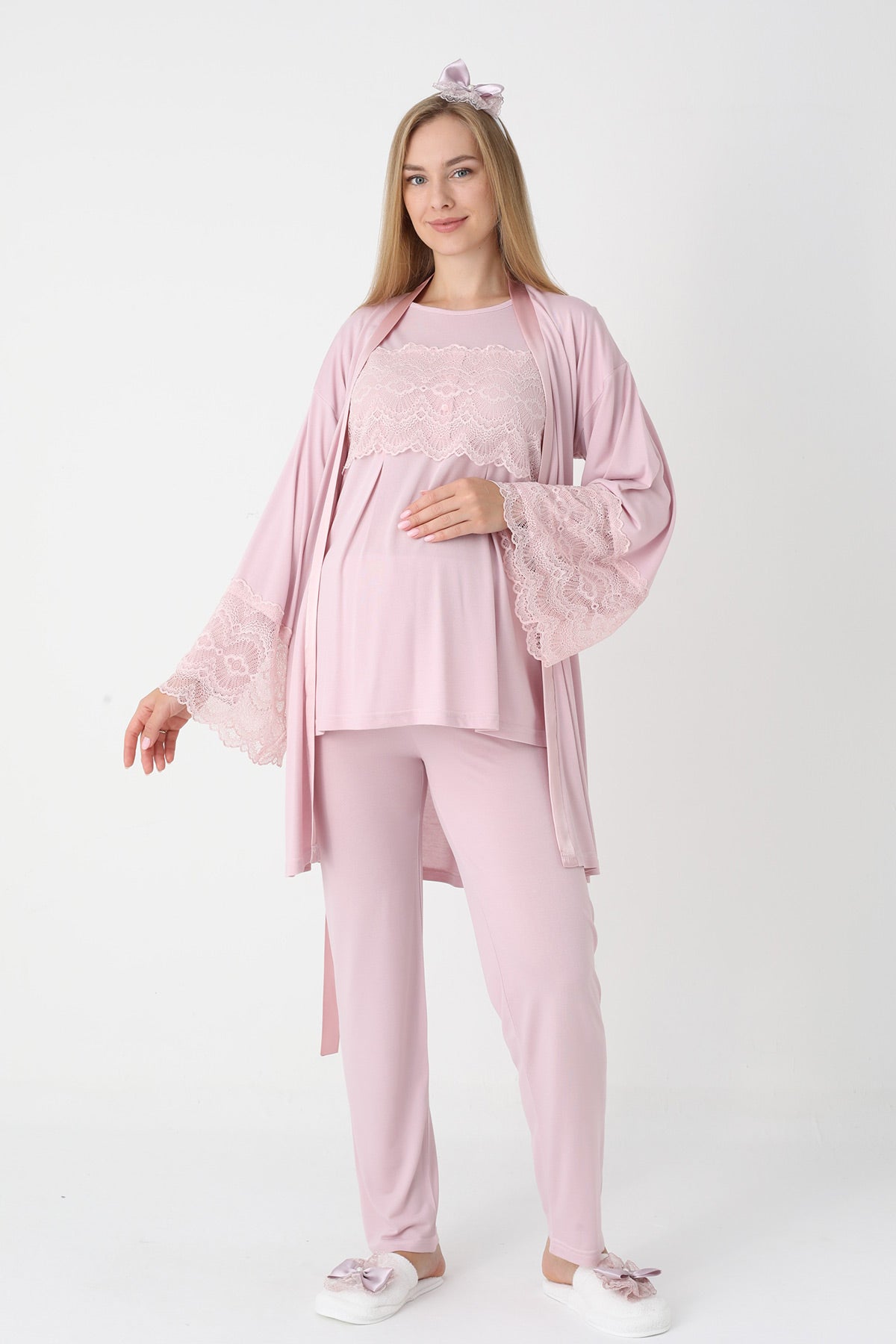 Lace Detailed 3-Piece Maternity Feeding-Friendly Pajama & Flywheel Arm Robe Set Powder - Z3444