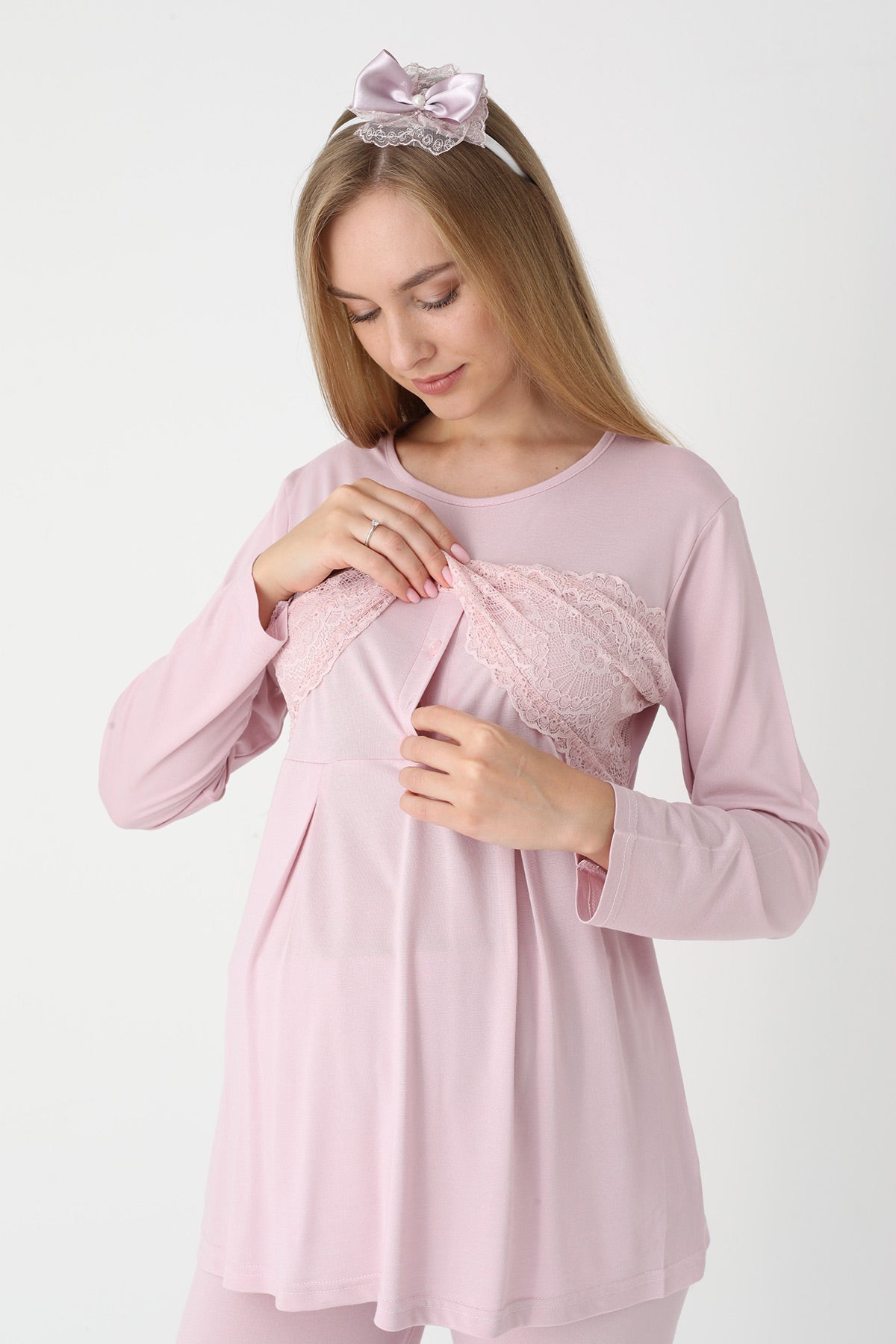Lace Detailed 3-Piece Maternity Feeding-Friendly Pajama & Flywheel Arm Robe Set Powder - Z3444