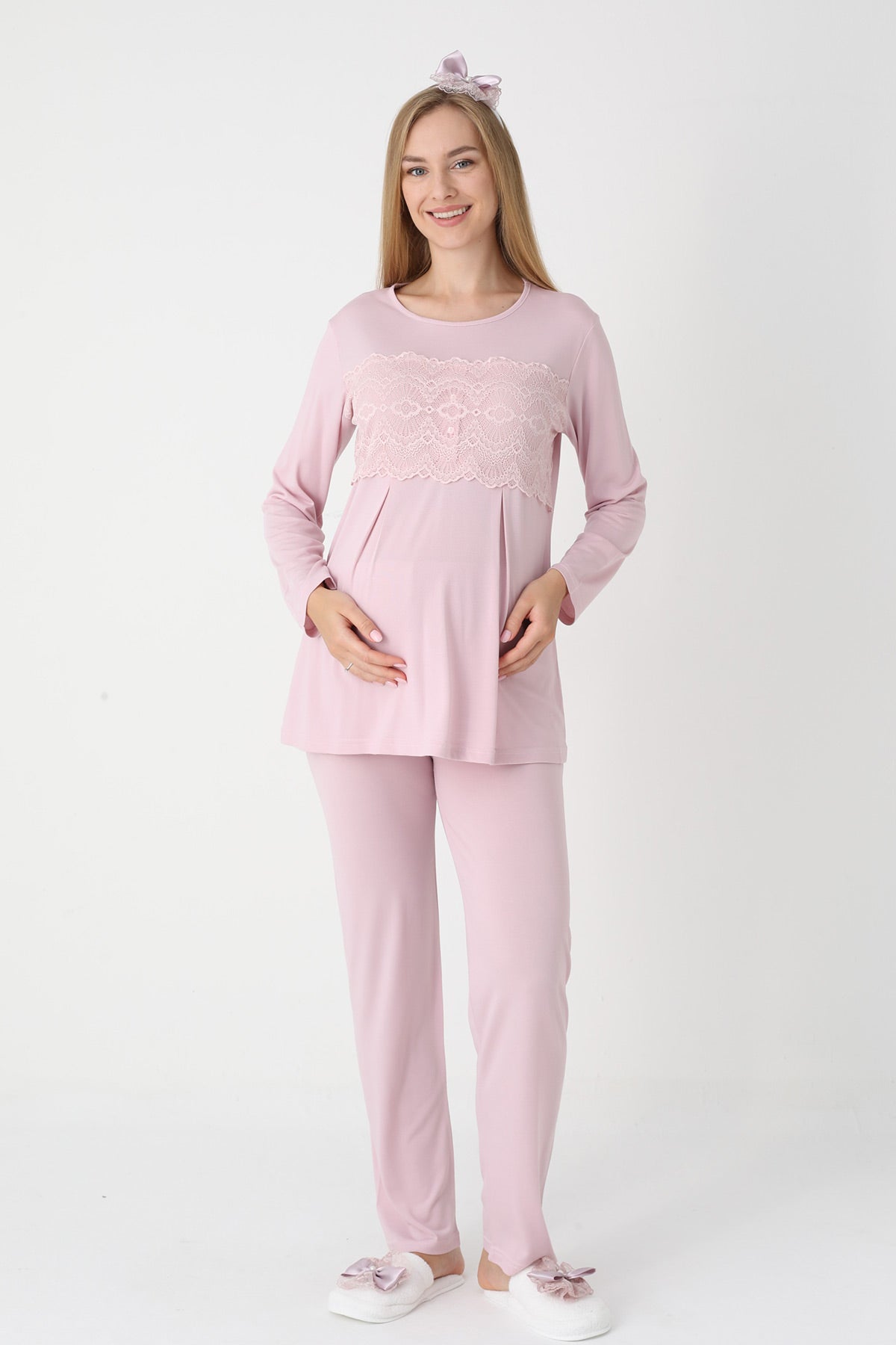 Lace Detailed 3-Piece Maternity Feeding-Friendly Pajama & Flywheel Arm Robe Set Powder - Z3444