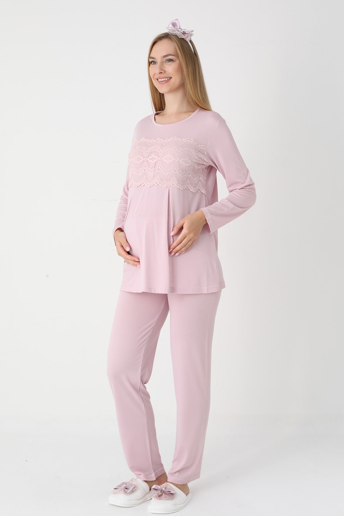 Lace Detailed 3-Piece Maternity Feeding-Friendly Pajama & Flywheel Arm Robe Set Powder - Z3444