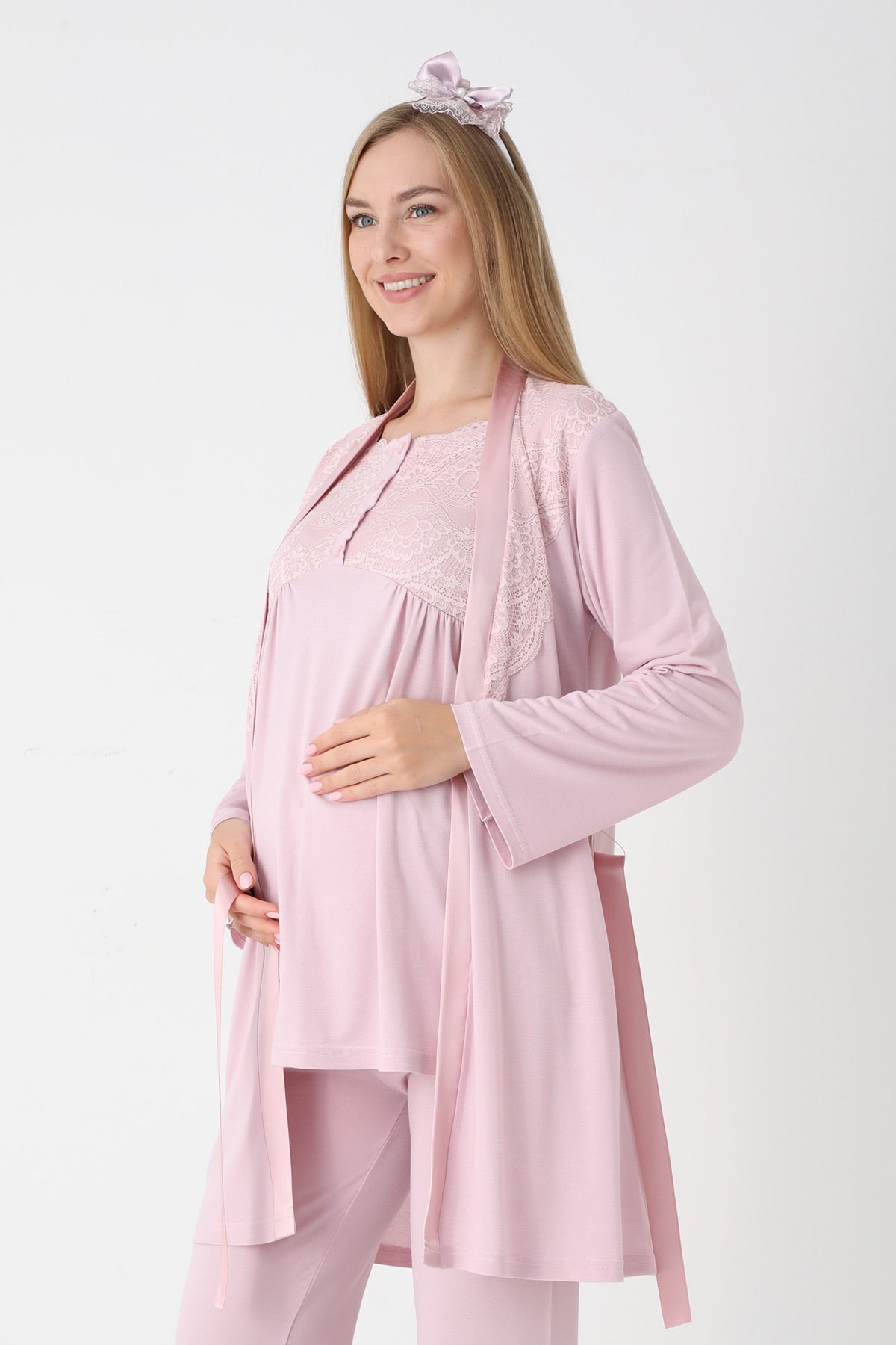 Lace Collar 3-Piece Maternity Feeding-Friendly Pajama & Robe Set Powder - Z3445