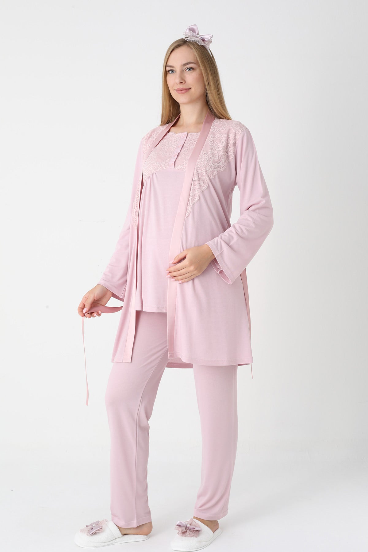 Lace Collar 3-Piece Maternity Feeding-Friendly Pajama & Robe Set Powder - Z3445