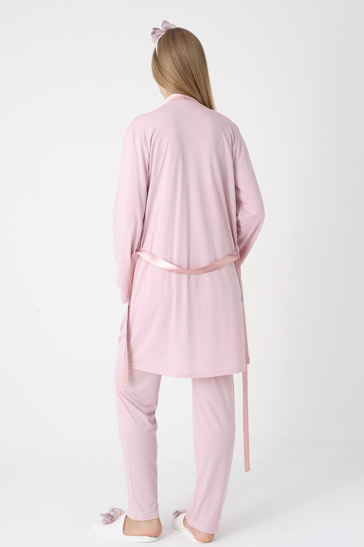 Lace Collar 3-Piece Maternity Feeding-Friendly Pajama & Robe Set Powder - Z3445