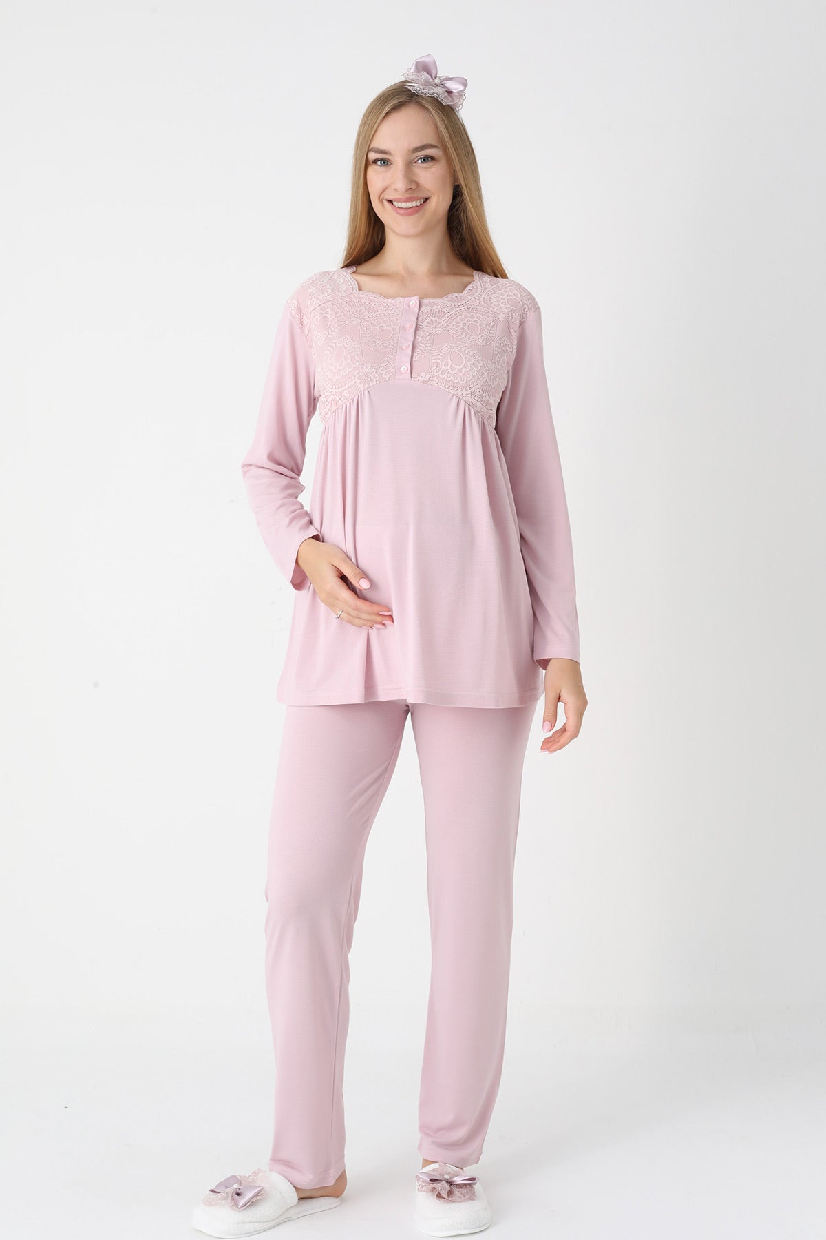 Lace Collar 3-Piece Maternity Feeding-Friendly Pajama & Robe Set Powder - Z3445