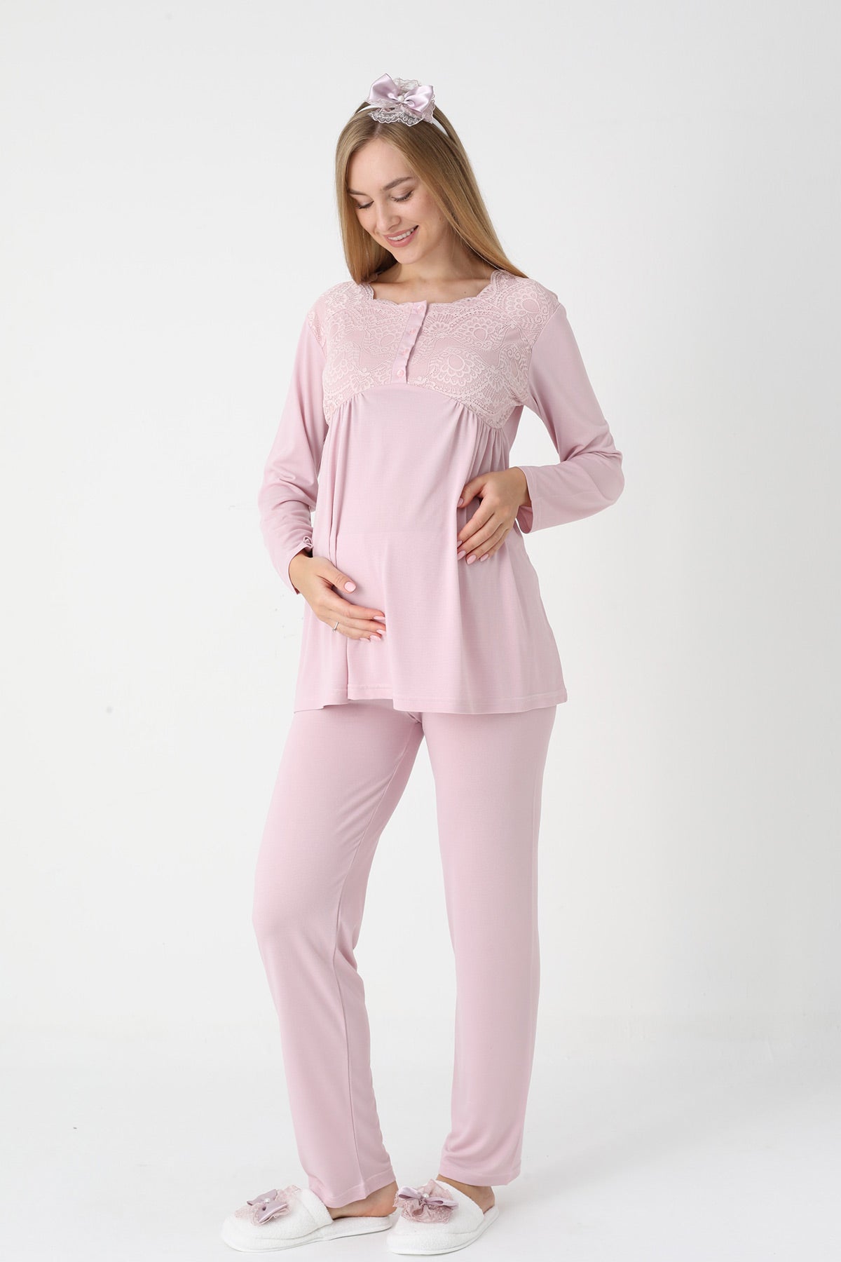 Lace Collar 3-Piece Maternity Feeding-Friendly Pajama & Robe Set Powder - Z3445
