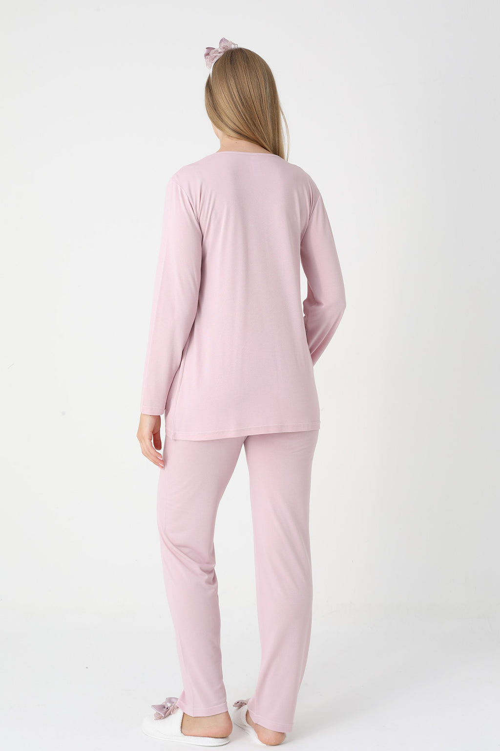 Lace Collar 3-Piece Maternity Feeding-Friendly Pajama & Robe Set Powder - Z3445