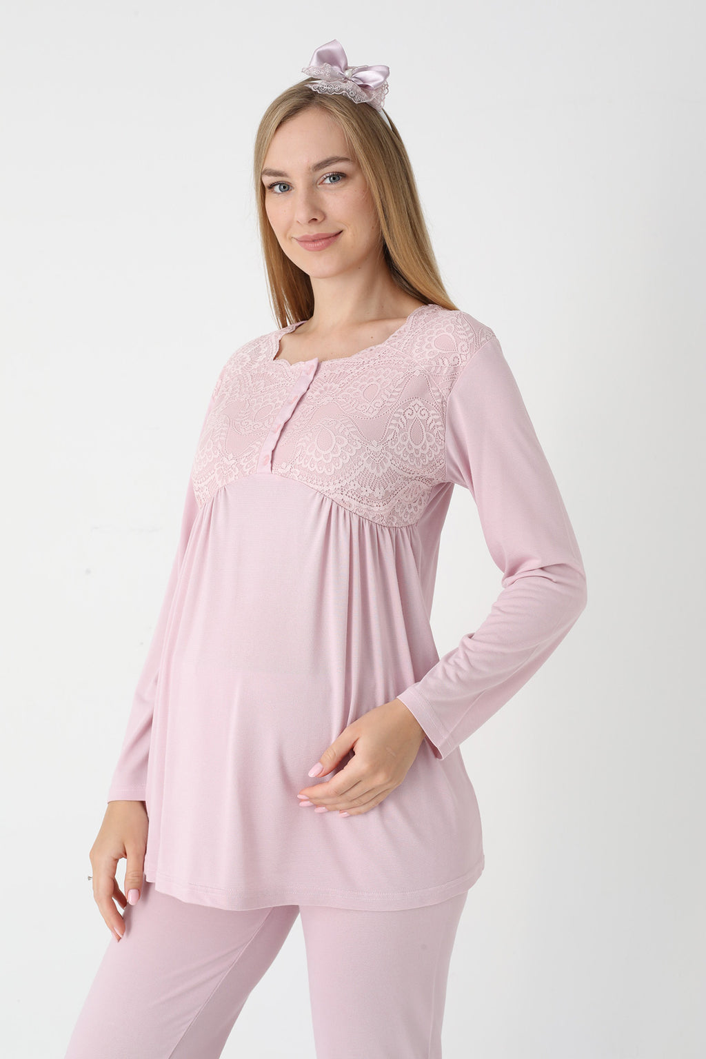 Lace Collar 3-Piece Maternity Feeding-Friendly Pajama & Robe Set Powder - Z3445