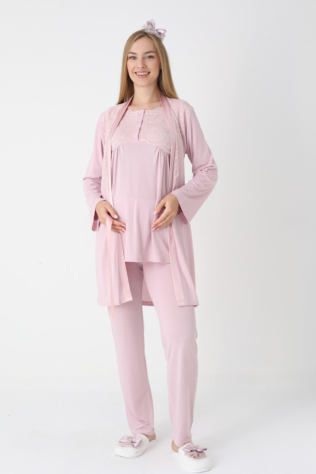 Lace Collar 3-Piece Maternity Feeding-Friendly Pajama & Robe Set Powder - Z3445