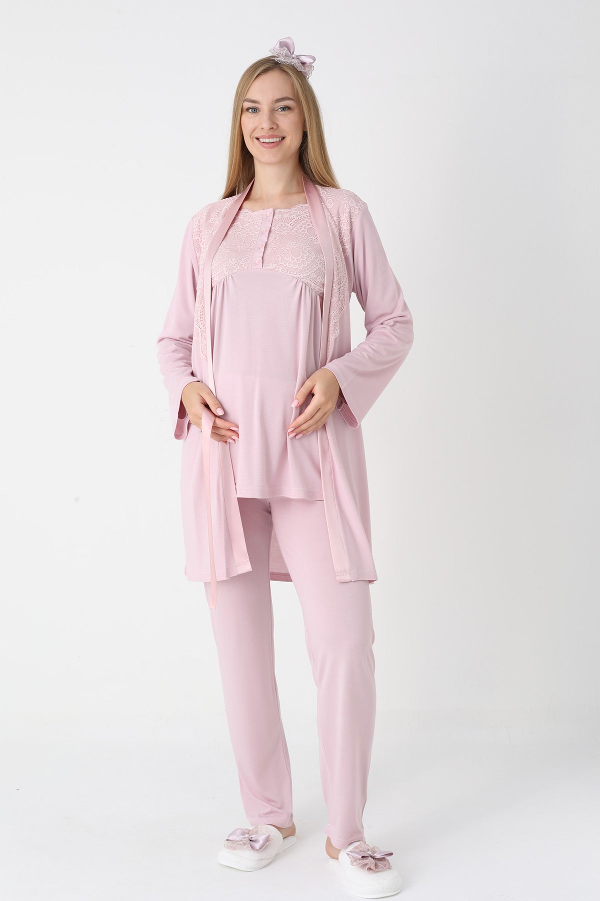 Lace Collar 3-Piece Maternity Feeding-Friendly Pajama & Robe Set Powder - Z3445