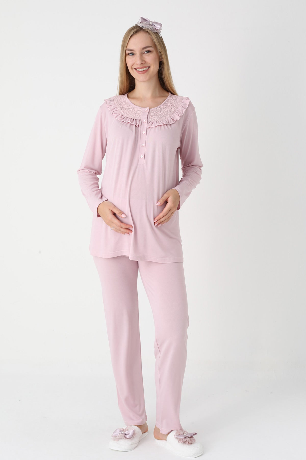 Lace Collar 3-Piece Maternity Feeding-Friendly Pajama & Lace Sleeve Robe Set Powder - Z3446