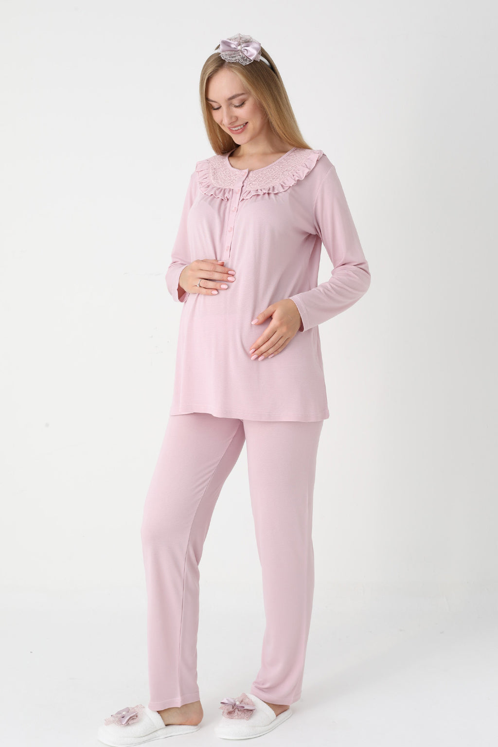 Lace Collar 3-Piece Maternity Feeding-Friendly Pajama & Lace Sleeve Robe Set Powder - Z3446