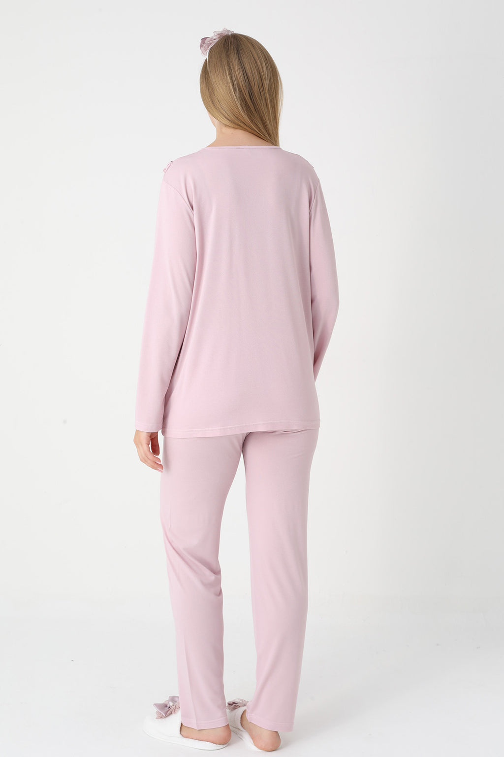 Lace Collar 3-Piece Maternity Feeding-Friendly Pajama & Lace Sleeve Robe Set Powder - Z3446