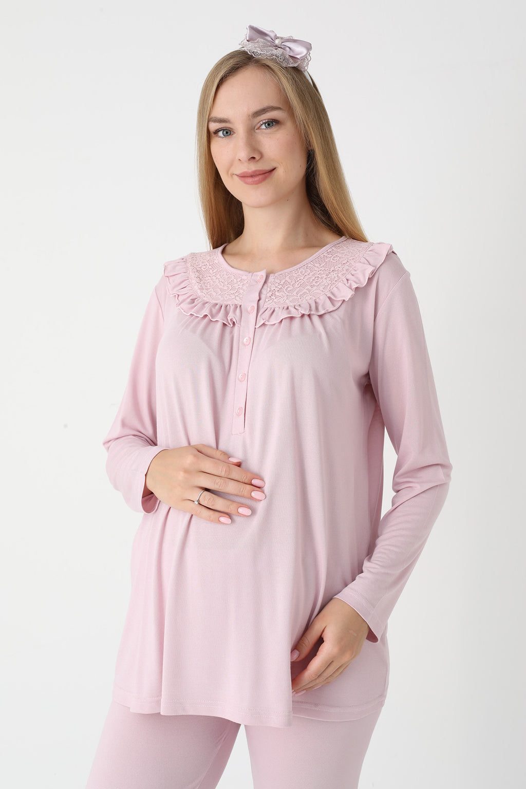 Lace Collar 3-Piece Maternity Feeding-Friendly Pajama & Lace Sleeve Robe Set Powder - Z3446