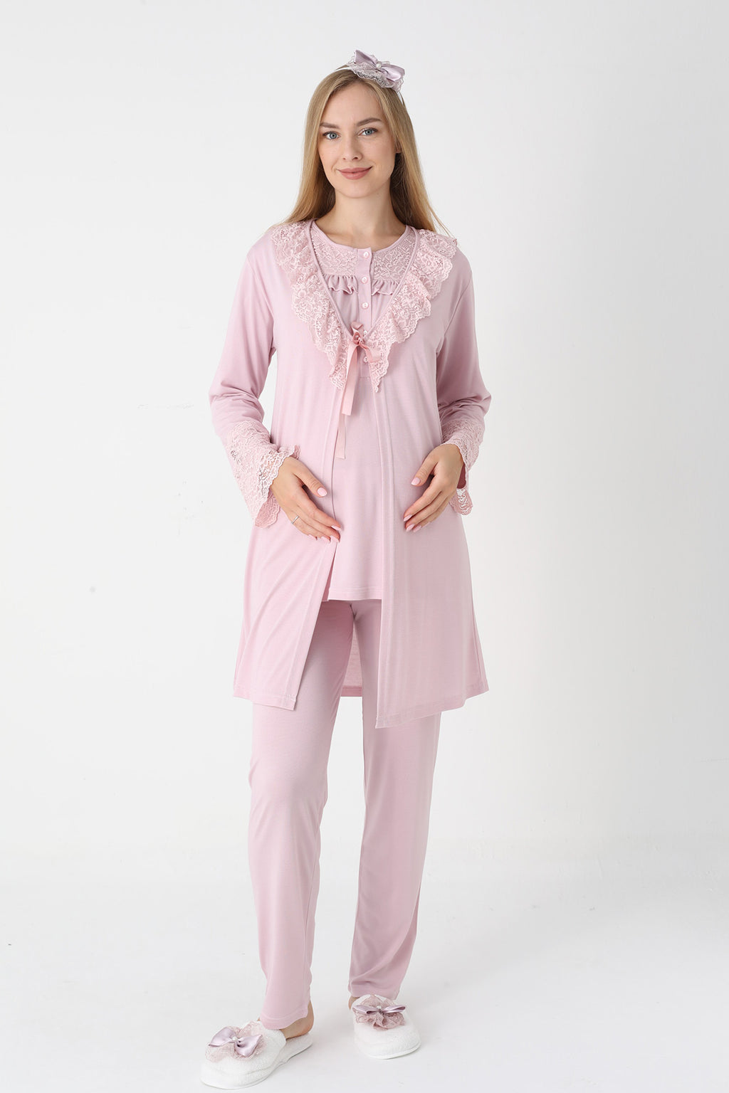 Lace Collar 3-Piece Maternity Feeding-Friendly Pajama & Lace Sleeve Robe Set Powder - Z3446