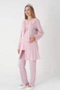 Lace Collar 3-Piece Maternity Feeding-Friendly Pajama & Lace Sleeve Robe Set Powder - Z3446