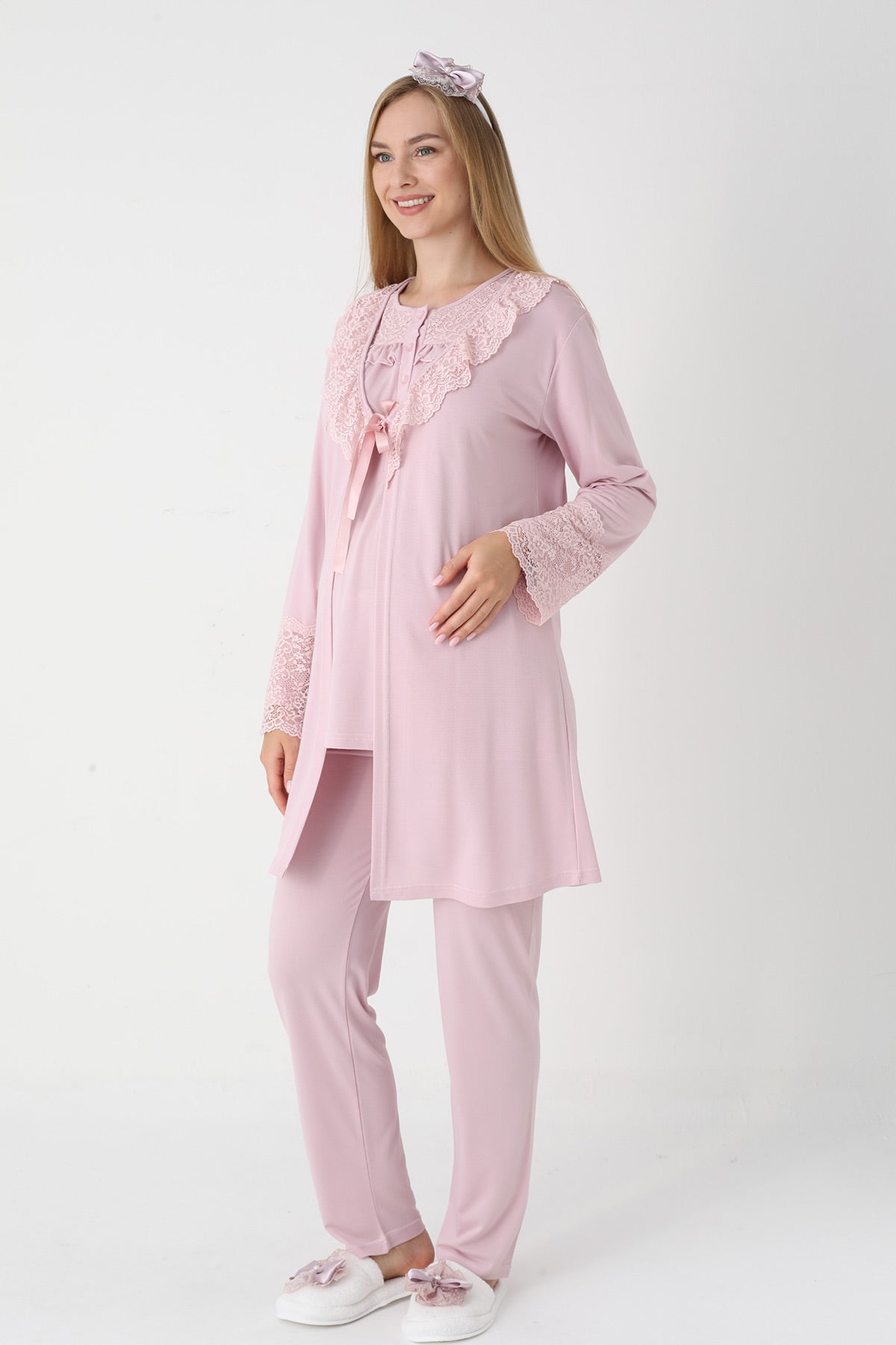 Lace Collar 3-Piece Maternity Feeding-Friendly Pajama & Lace Sleeve Robe Set Powder - Z3446