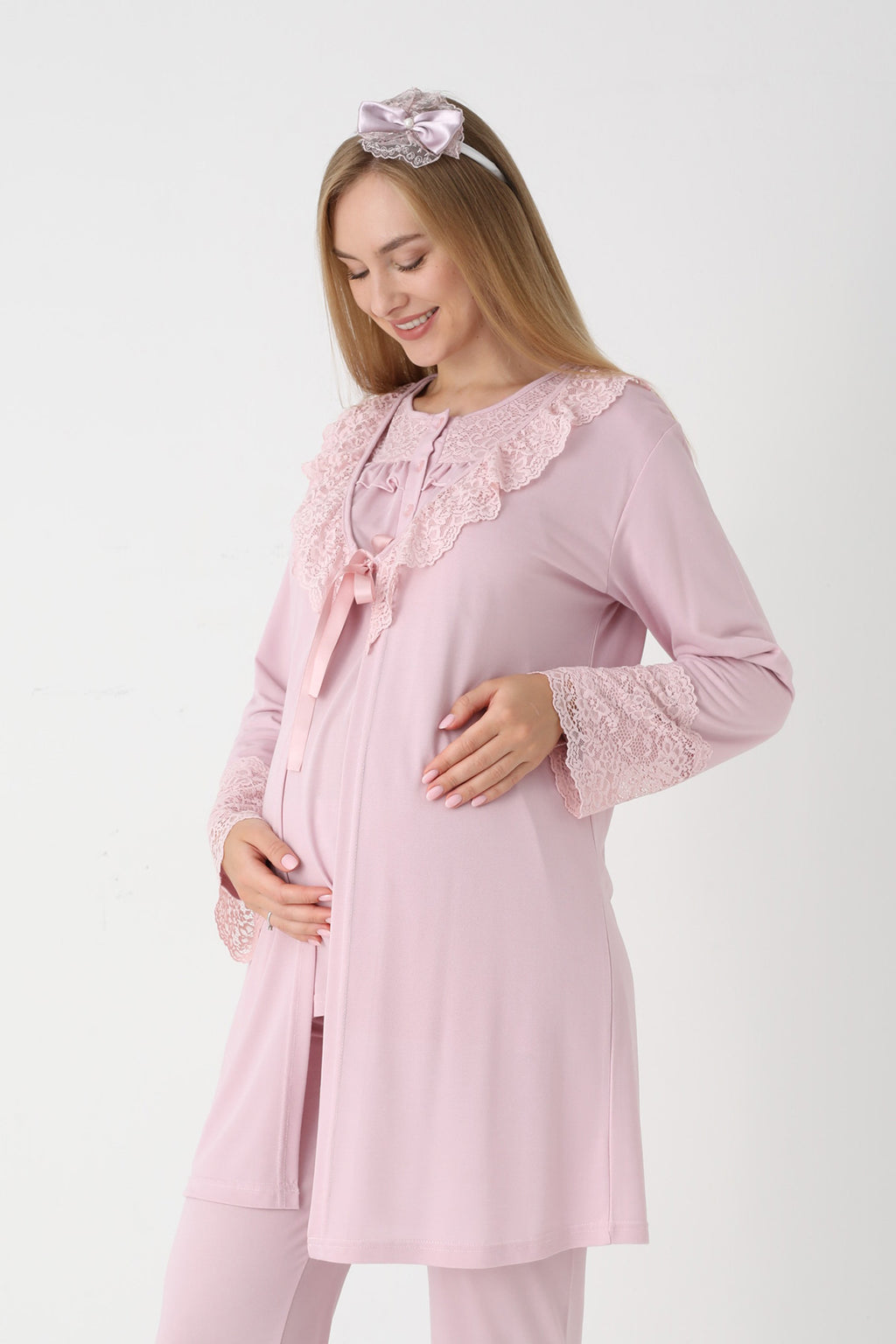 Lace Collar 3-Piece Maternity Feeding-Friendly Pajama & Lace Sleeve Robe Set Powder - Z3446