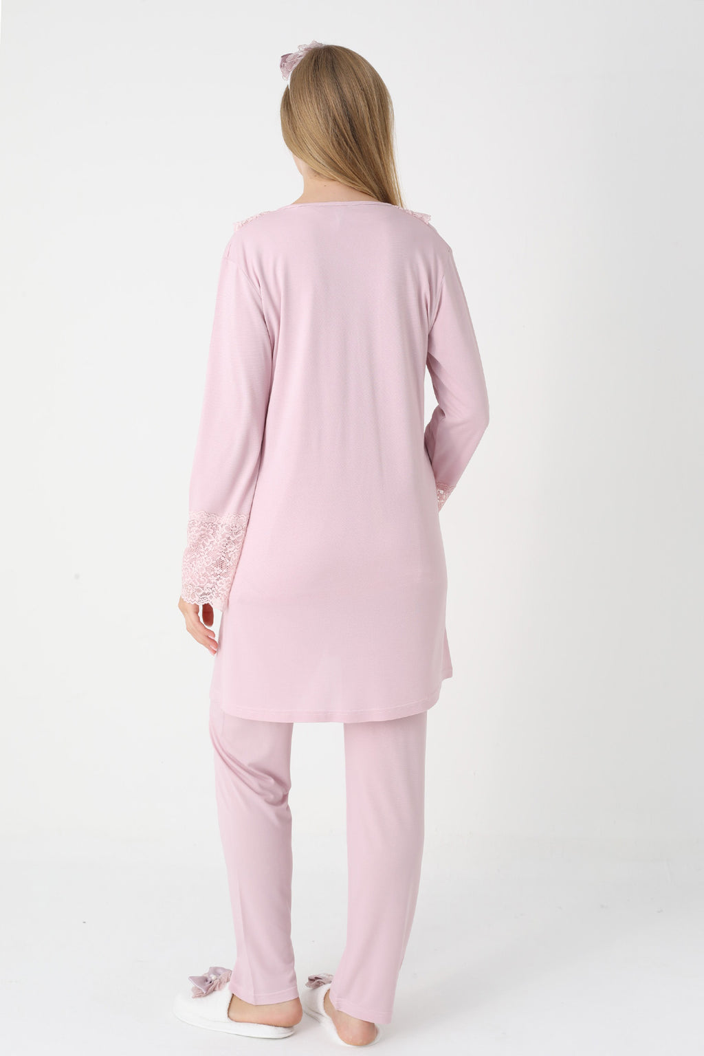 Lace Collar 3-Piece Maternity Feeding-Friendly Pajama & Lace Sleeve Robe Set Powder - Z3446