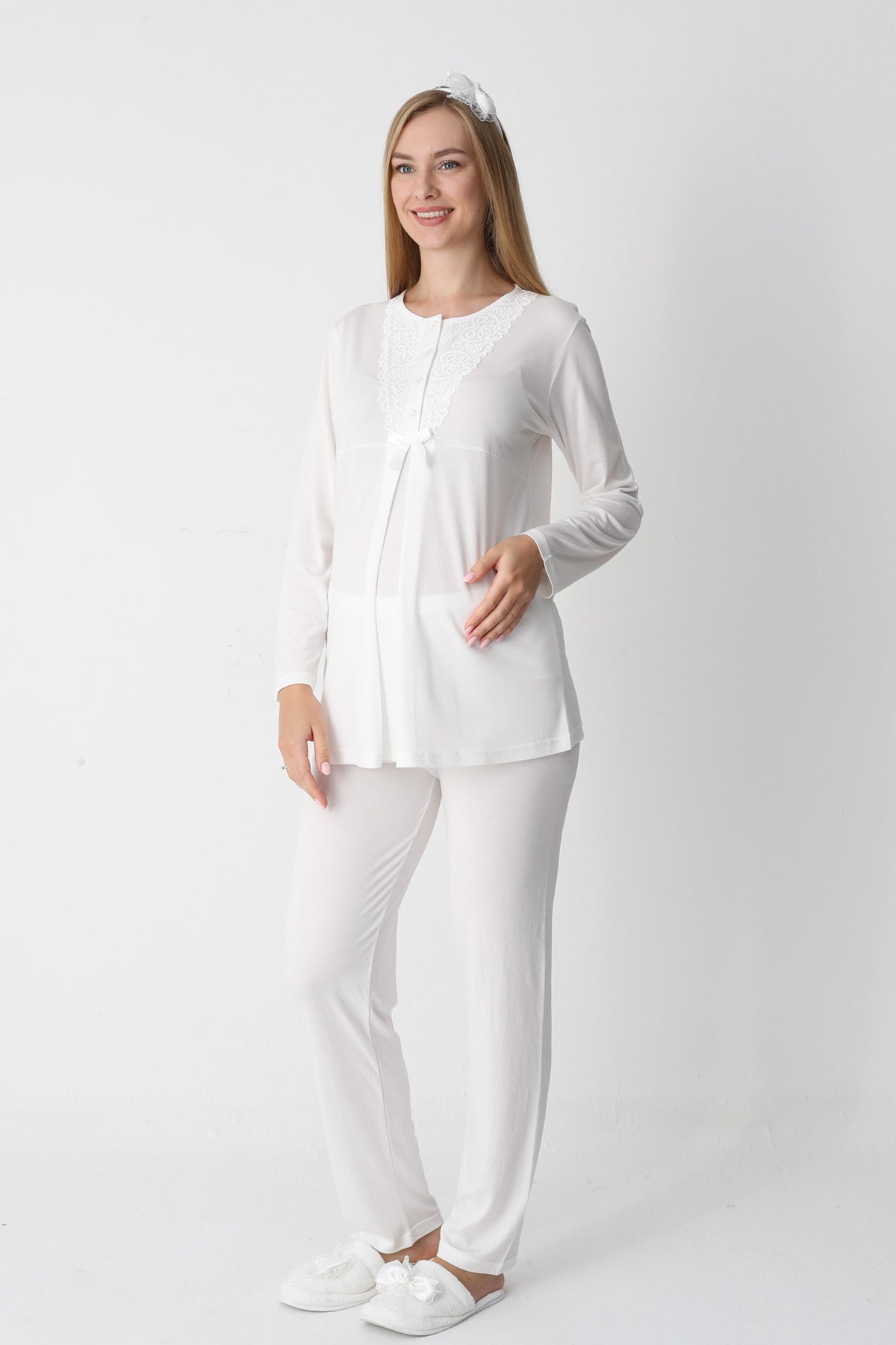 Lace Collar 3-Piece Maternity Feeding-Friendly Pajama & Flywheel Arm Robe Set Ecru - Z3448