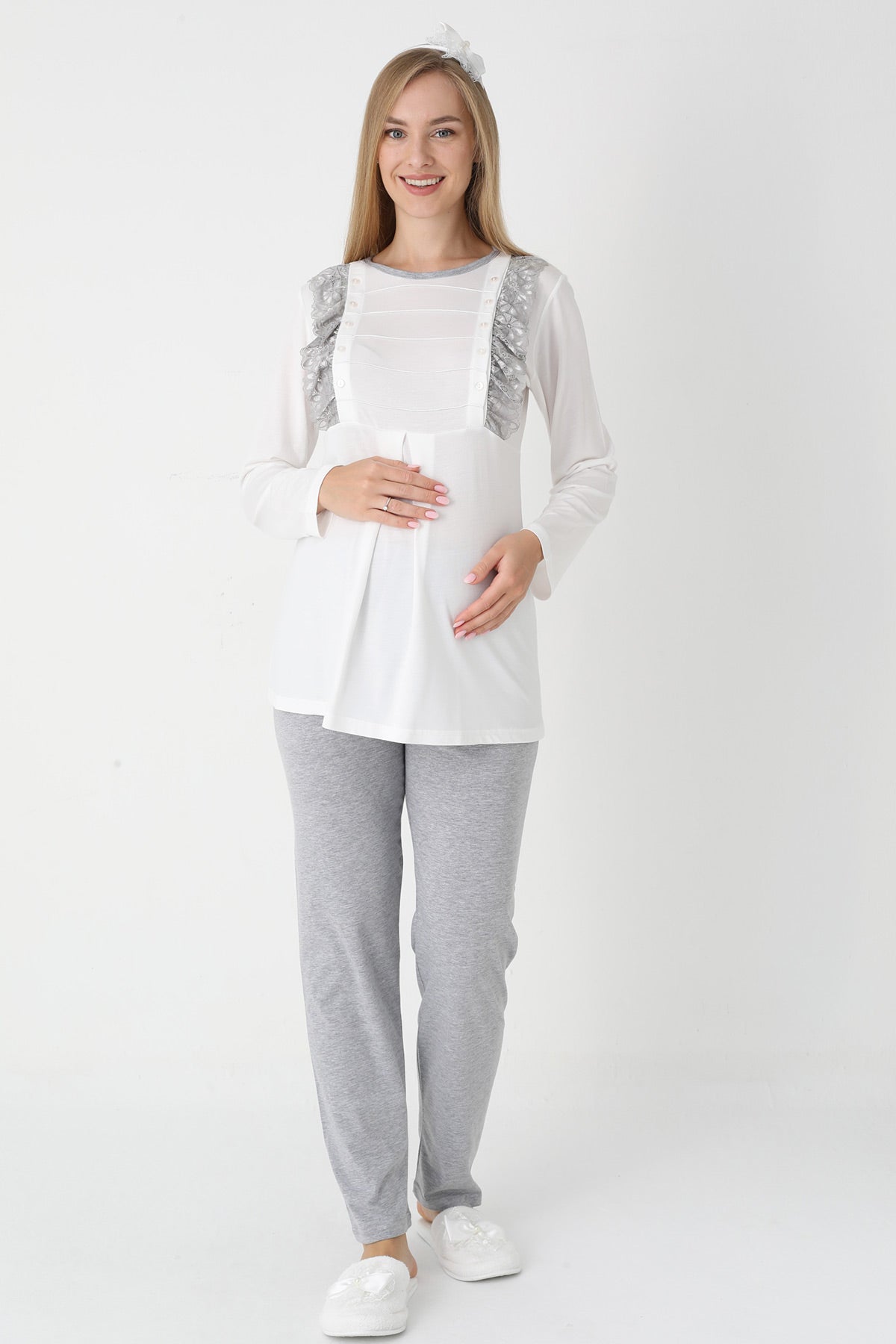 Lacy Edge 3-Piece Maternity Feeding-Friendly Pajama & Polka Dot Robe Set Grey - Z3451
