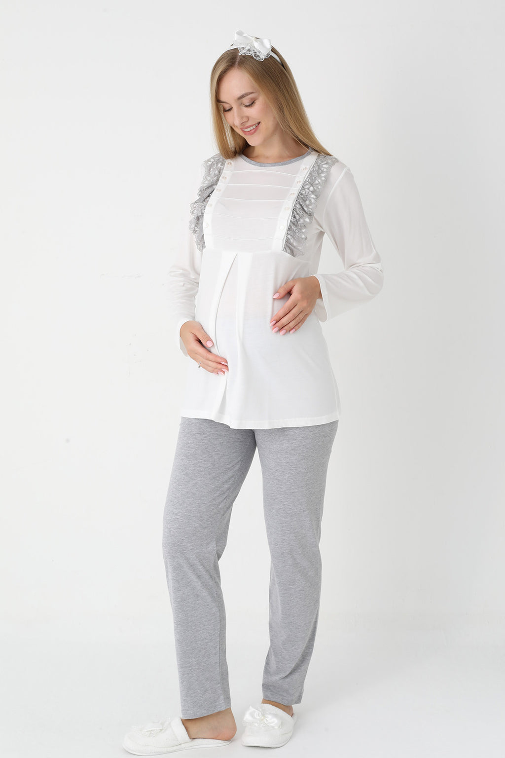 Lacy Edge 3-Piece Maternity Feeding-Friendly Pajama & Polka Dot Robe Set Grey - Z3451