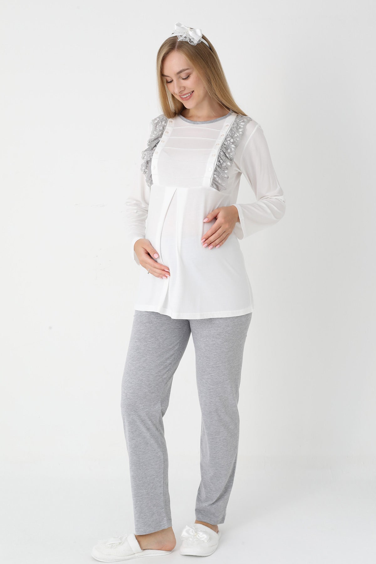 Lacy Edge 3-Piece Maternity Feeding-Friendly Pajama & Polka Dot Robe Set Grey - Z3451