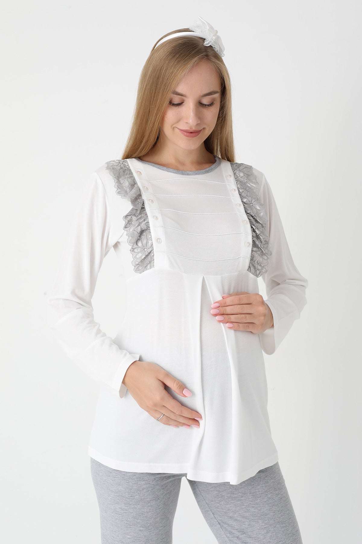 Lacy Edge 3-Piece Maternity Feeding-Friendly Pajama & Polka Dot Robe Set Grey - Z3451