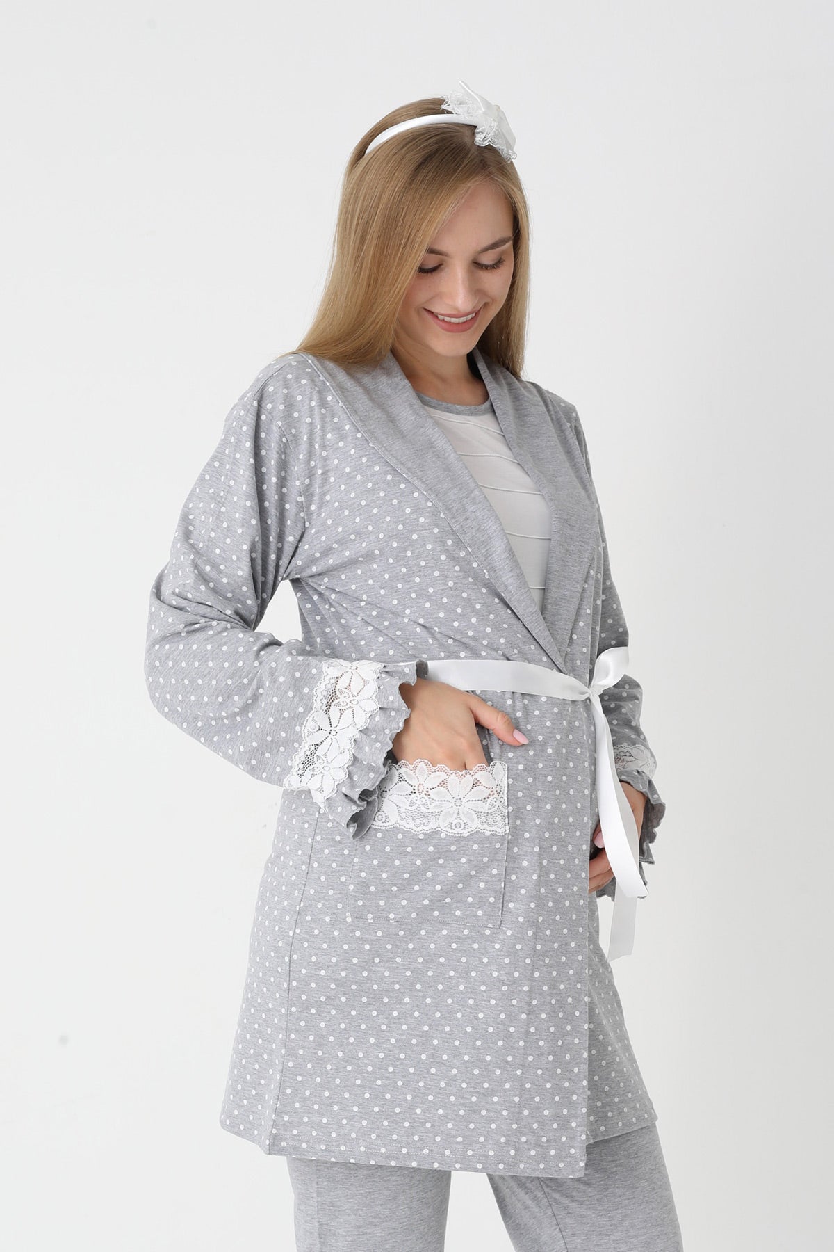 Lacy Edge 3-Piece Maternity Feeding-Friendly Pajama & Polka Dot Robe Set Grey - Z3451