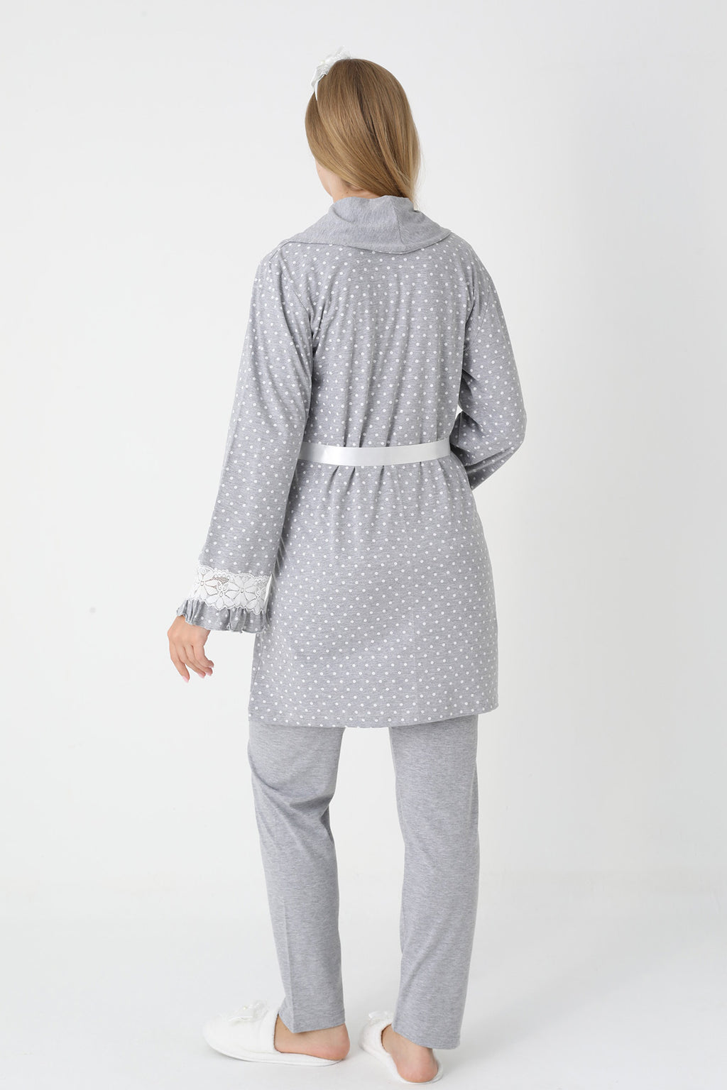 Lacy Edge 3-Piece Maternity Feeding-Friendly Pajama & Polka Dot Robe Set Grey - Z3451