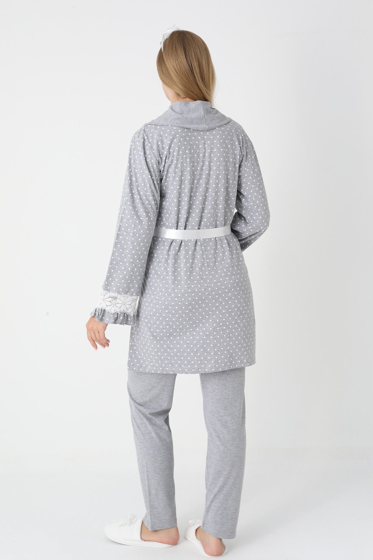 Lacy Edge 3-Piece Maternity Feeding-Friendly Pajama & Polka Dot Robe Set Grey - Z3451