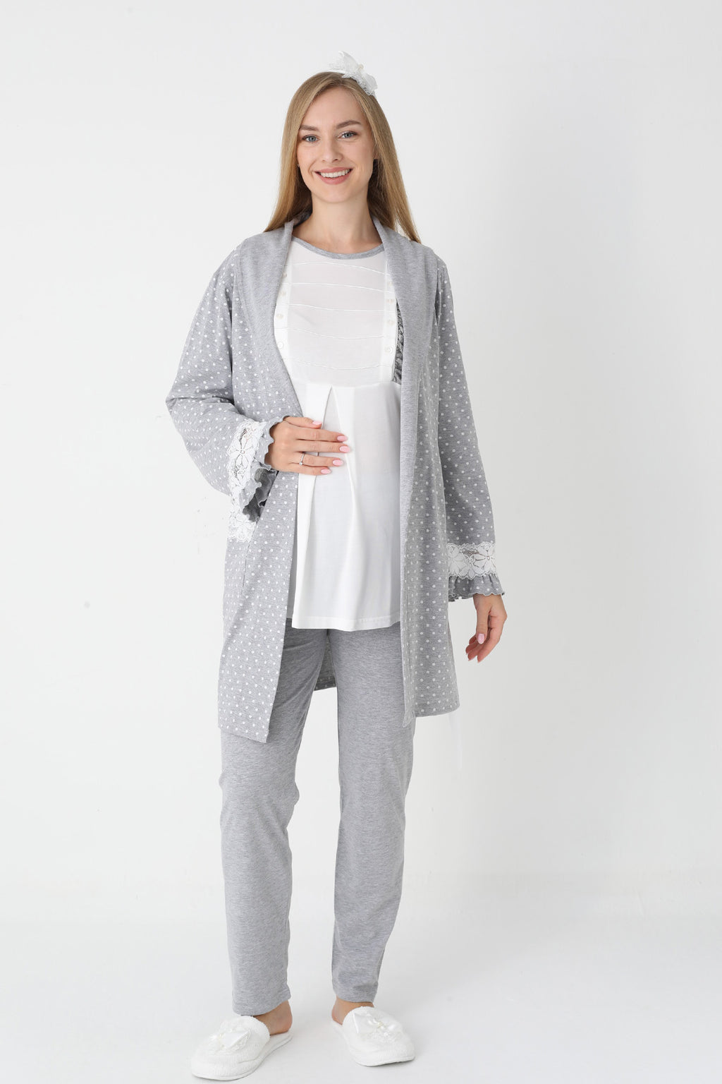 Lacy Edge 3-Piece Maternity Feeding-Friendly Pajama & Polka Dot Robe Set Grey - Z3451