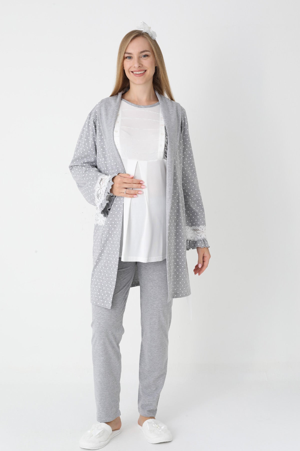 Lacy Edge 3-Piece Maternity Feeding-Friendly Pajama & Polka Dot Robe Set Grey - Z3451