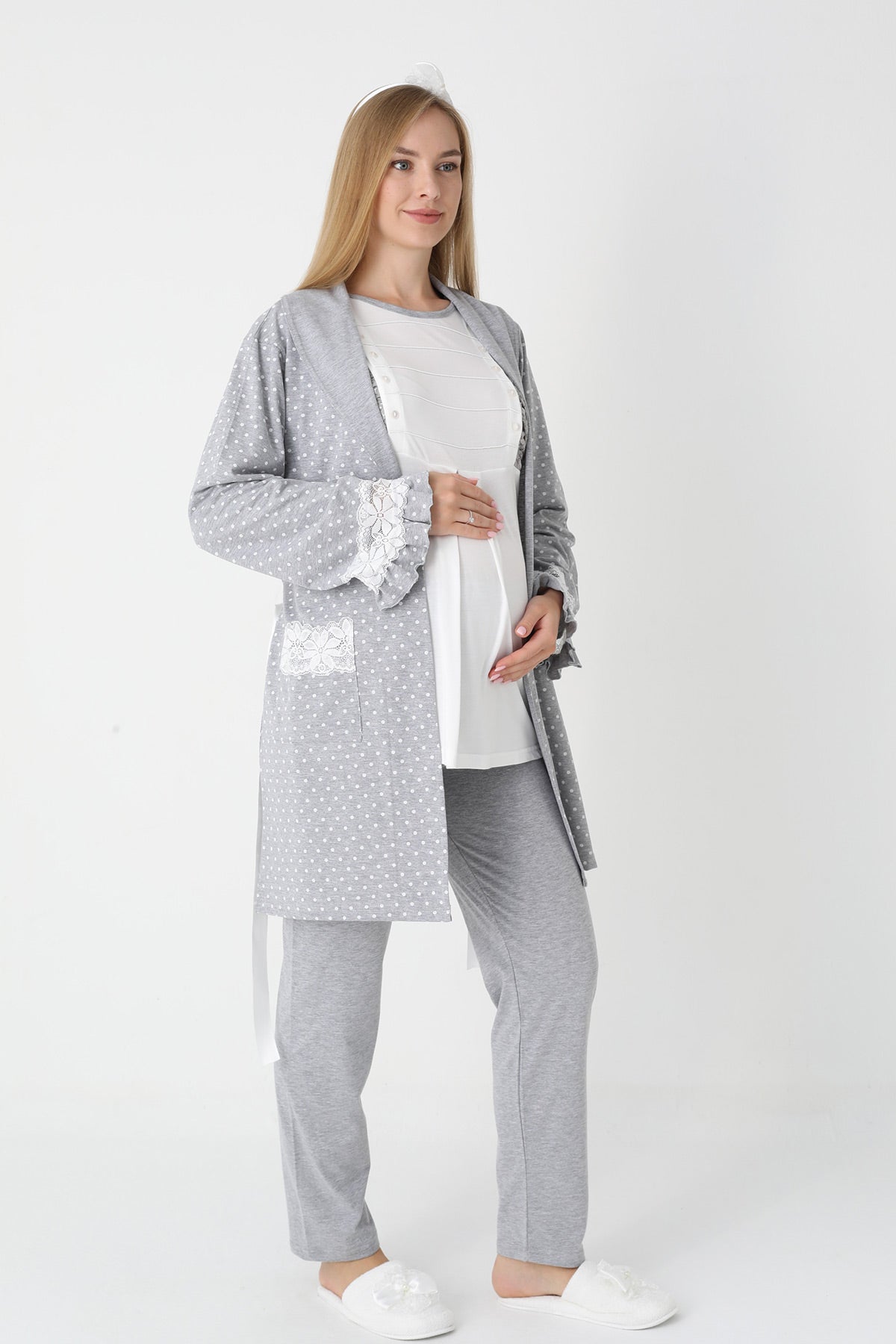 Lacy Edge 3-Piece Maternity Feeding-Friendly Pajama & Polka Dot Robe Set Grey - Z3451