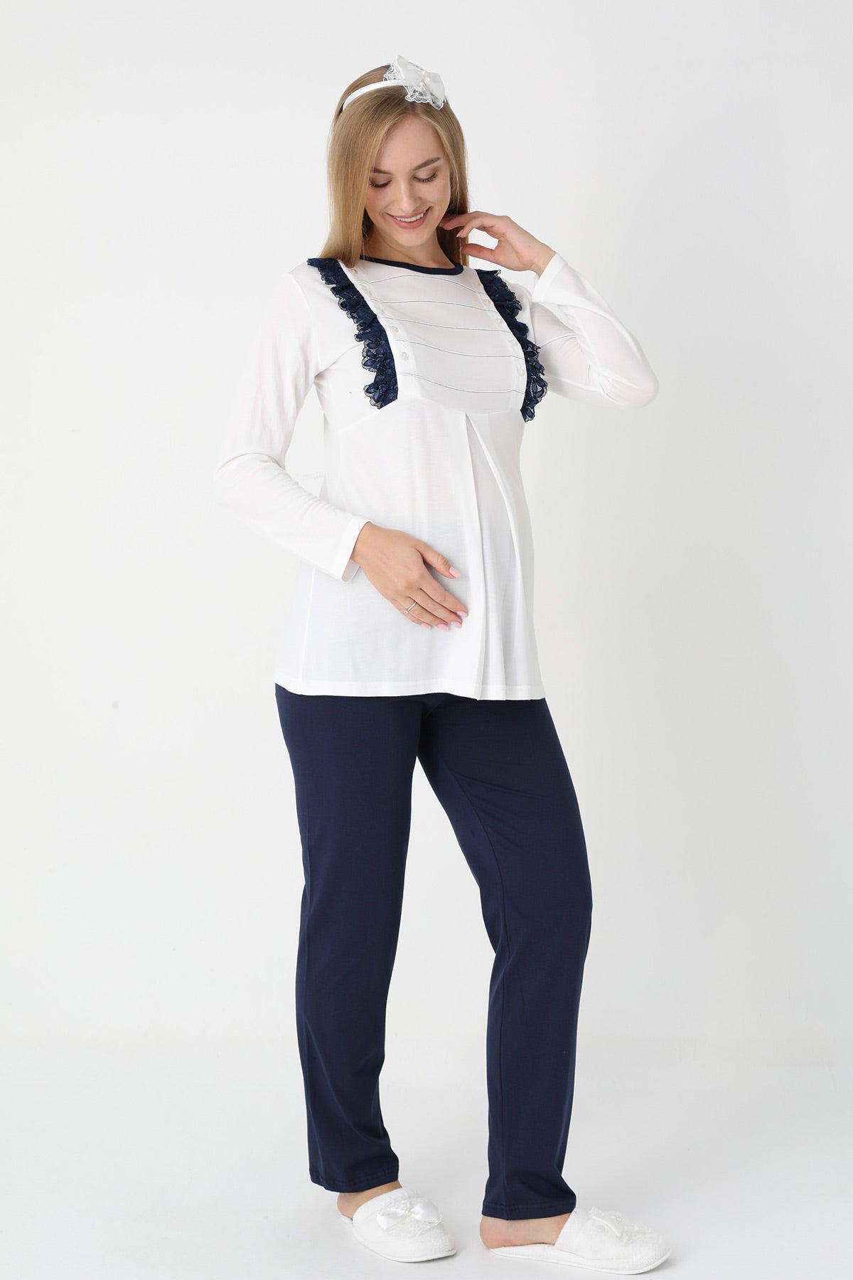 Lacy Edge 3-Piece Maternity Feeding-Friendly Pajama & Polka Dot Robe Set Navy Blue - Z3451