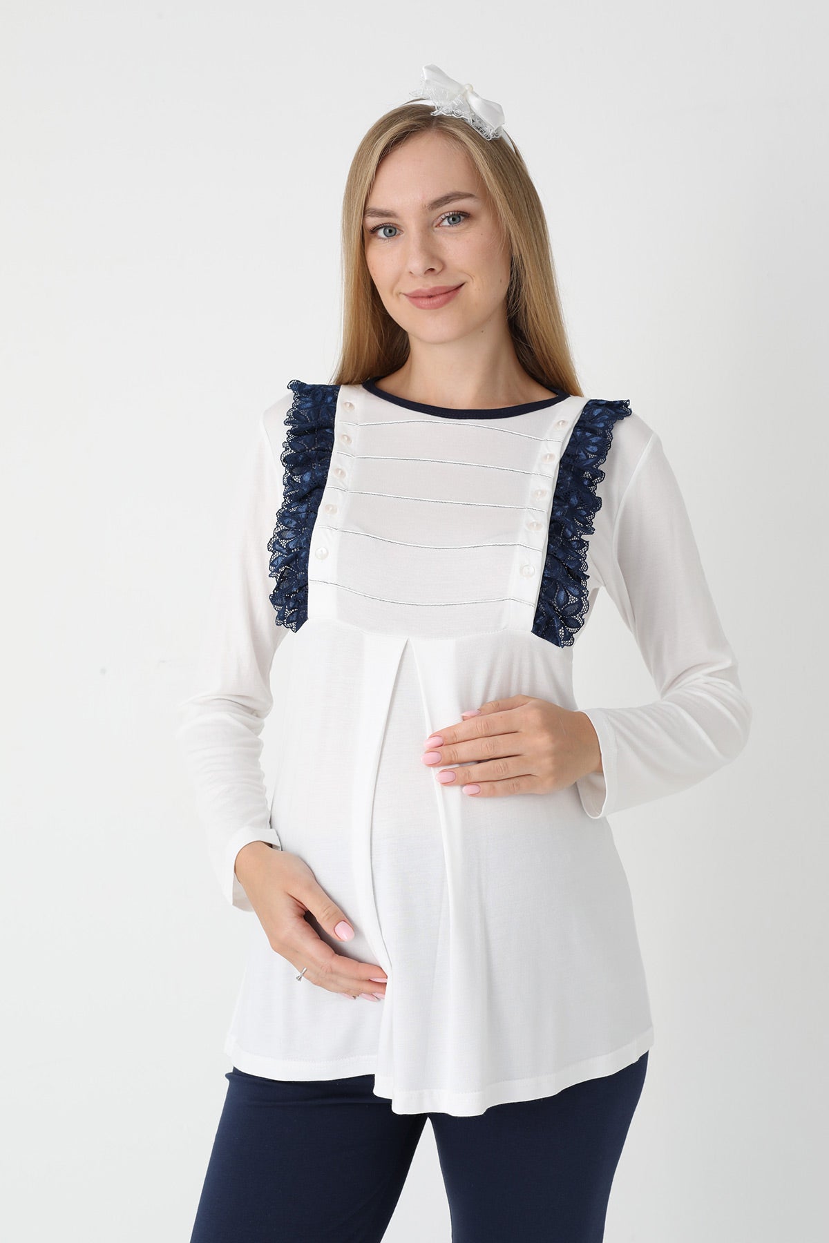 Lacy Edge 3-Piece Maternity Feeding-Friendly Pajama & Polka Dot Robe Set Navy Blue - Z3451