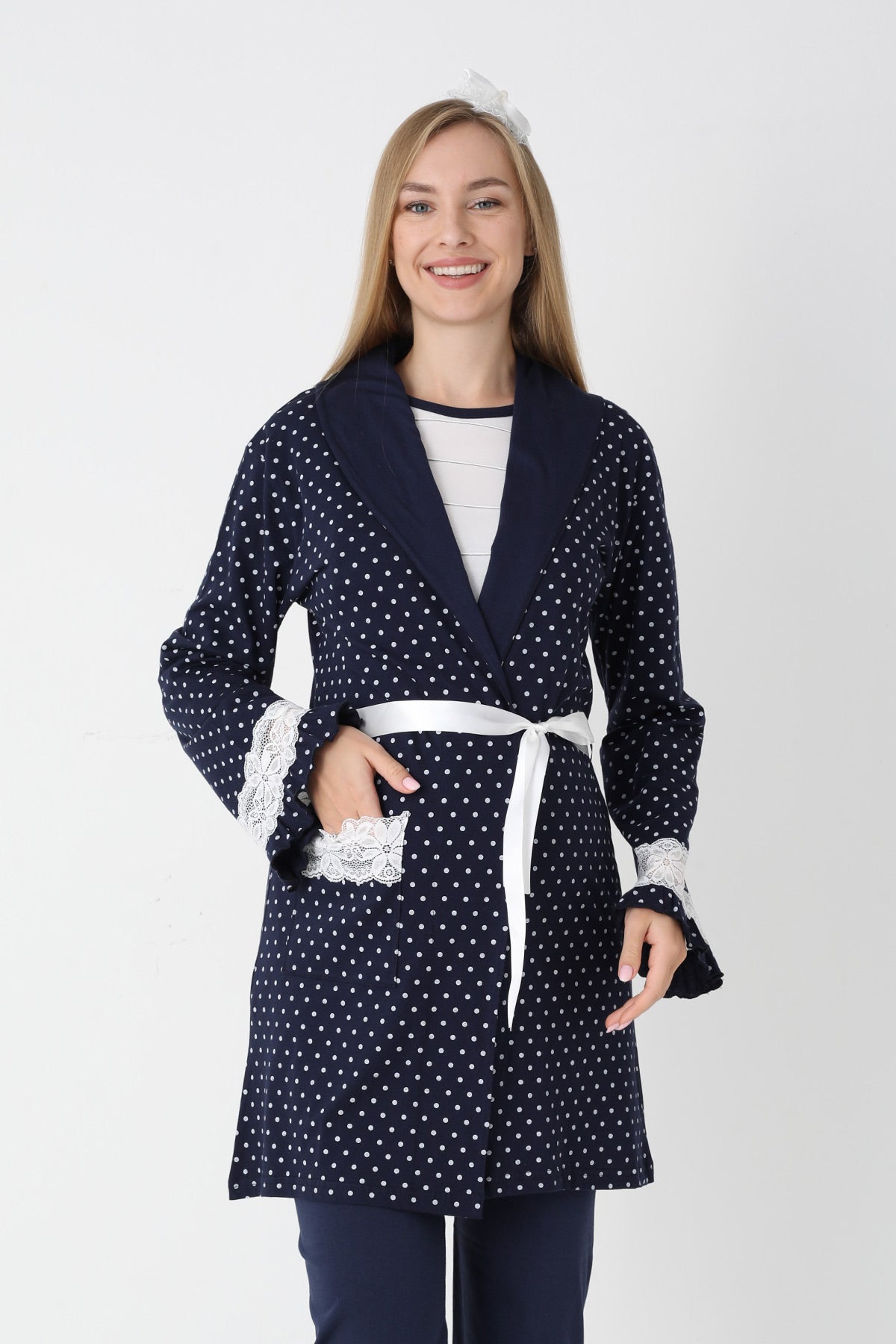 Lacy Edge 3-Piece Maternity Feeding-Friendly Pajama & Polka Dot Robe Set Navy Blue - Z3451