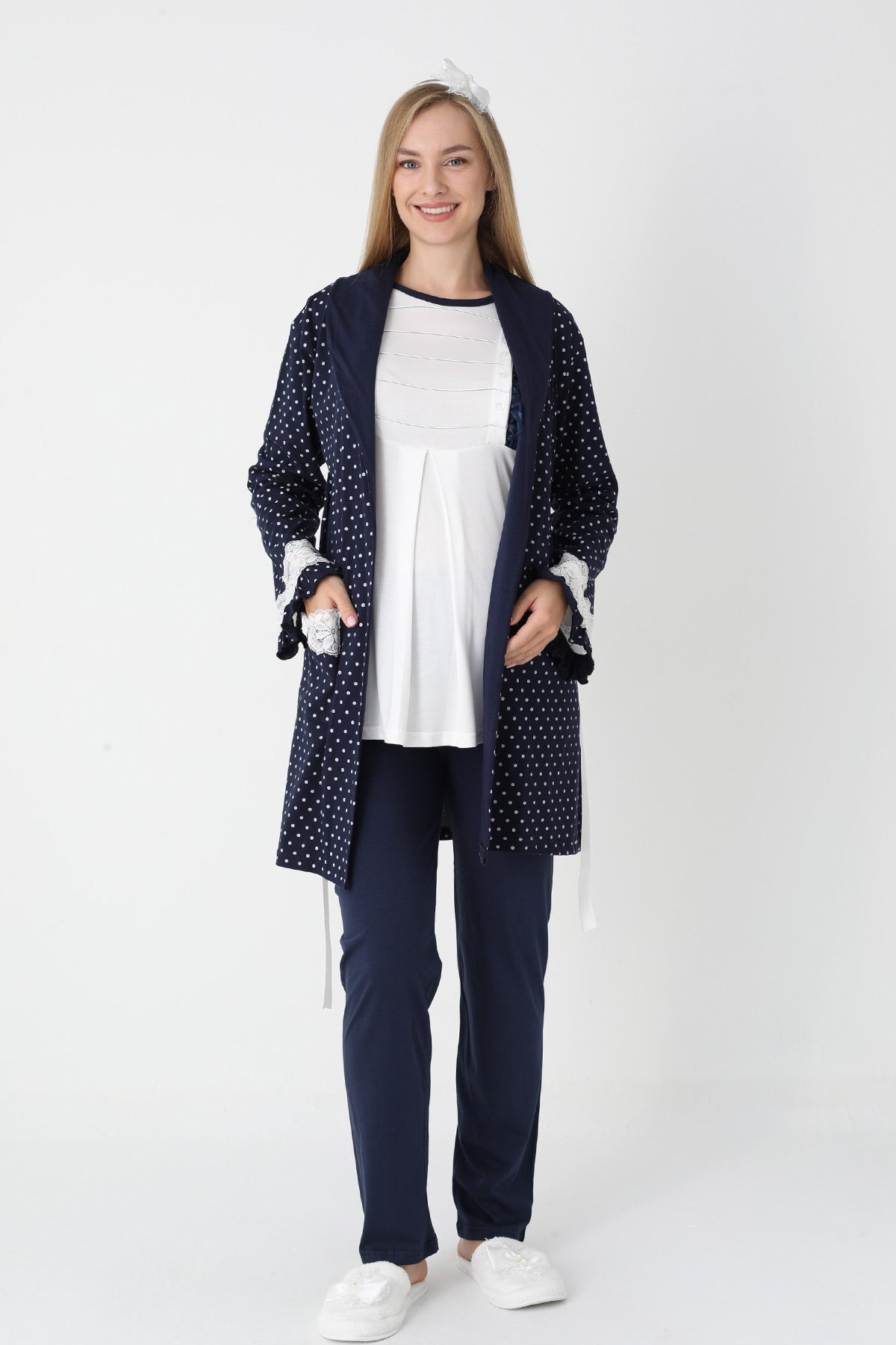Lacy Edge 3-Piece Maternity Feeding-Friendly Pajama & Polka Dot Robe Set Navy Blue - Z3451